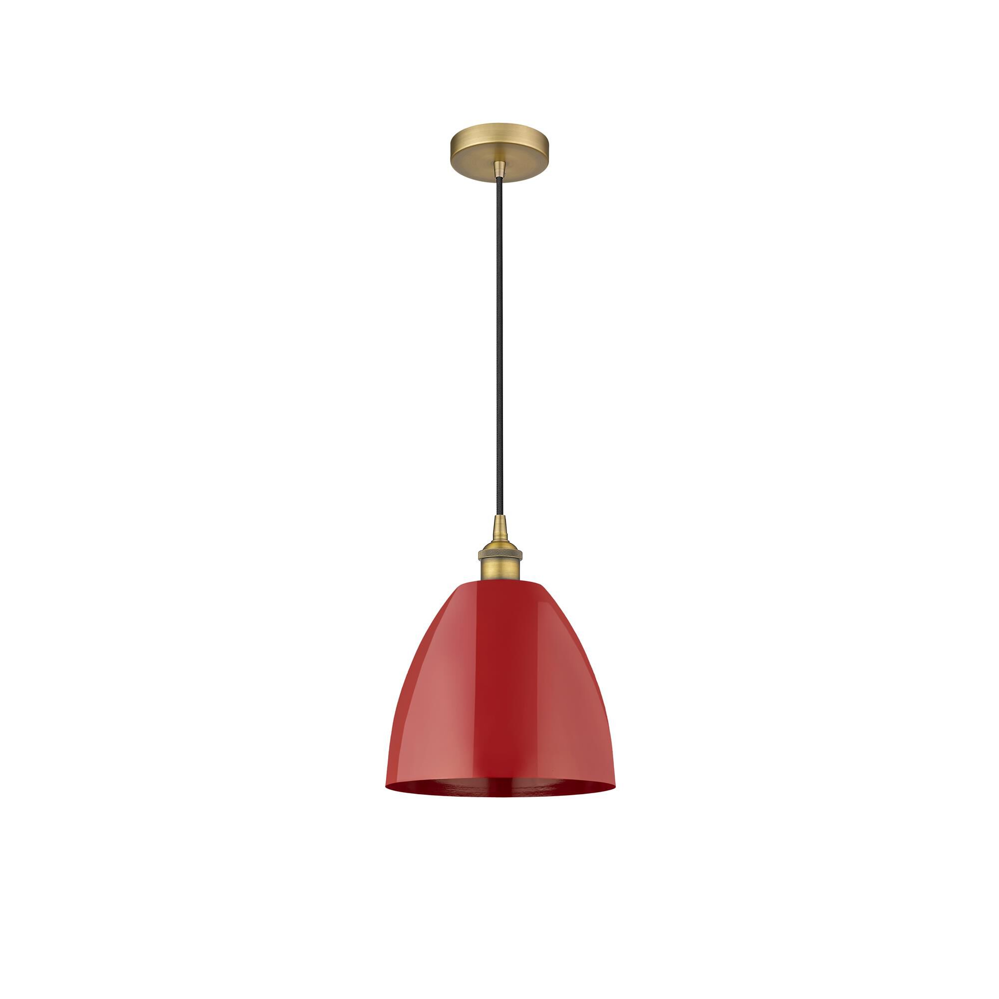 Shown in Brushed Brass finish and Red Dome shade