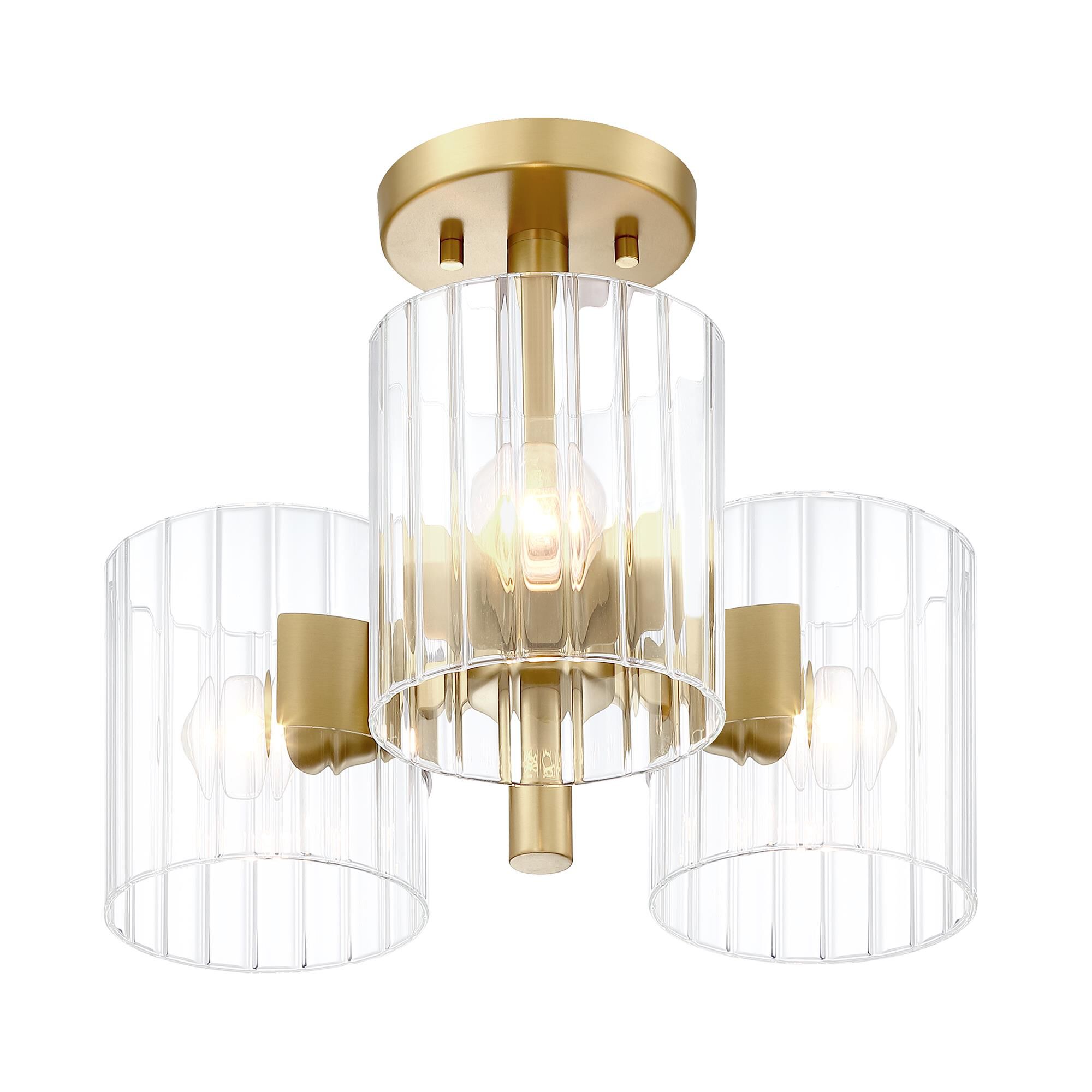 Shown in Brushed Gold finish and Clear Ribbed glass