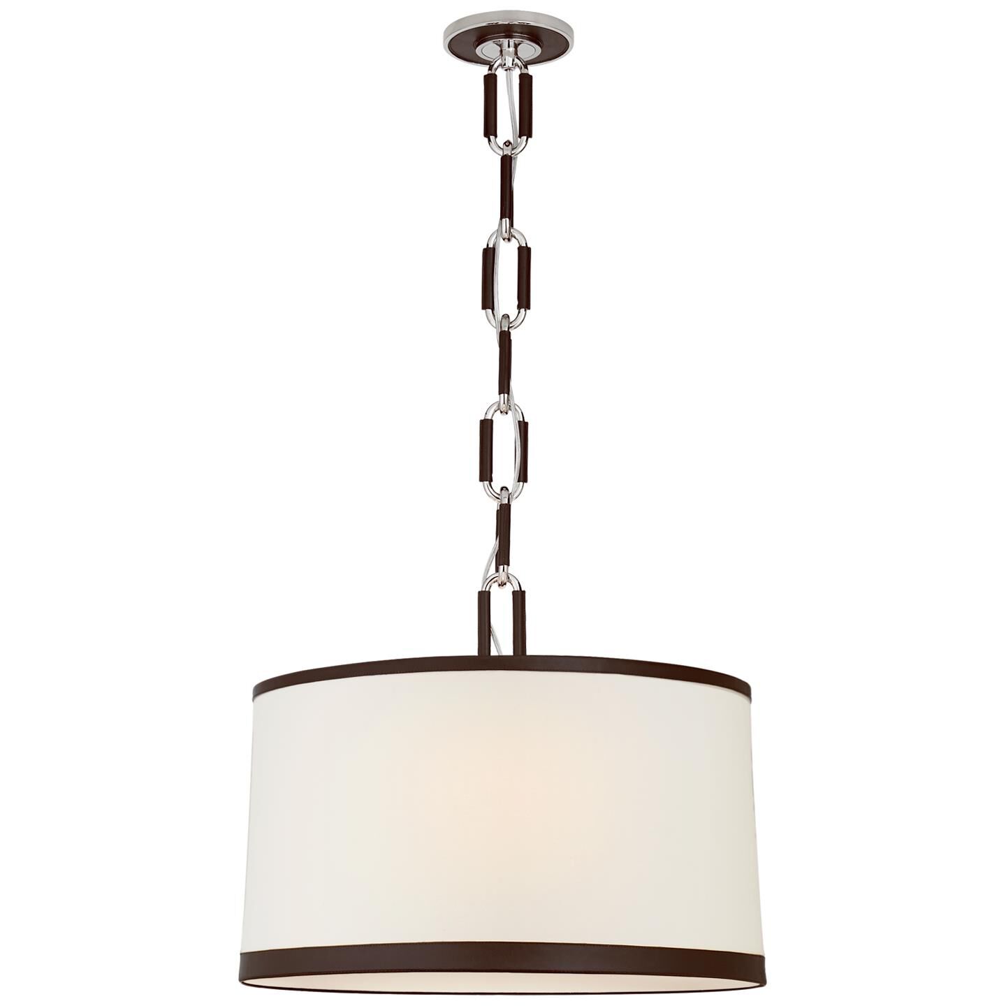 Shown in Polished Nickel With Chocolate Leather finish and Linen shade
