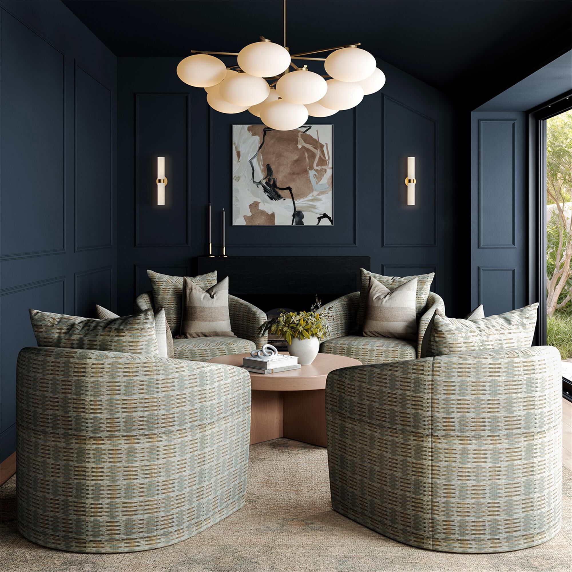 Shown in Aged Brass finish and Soft White glass