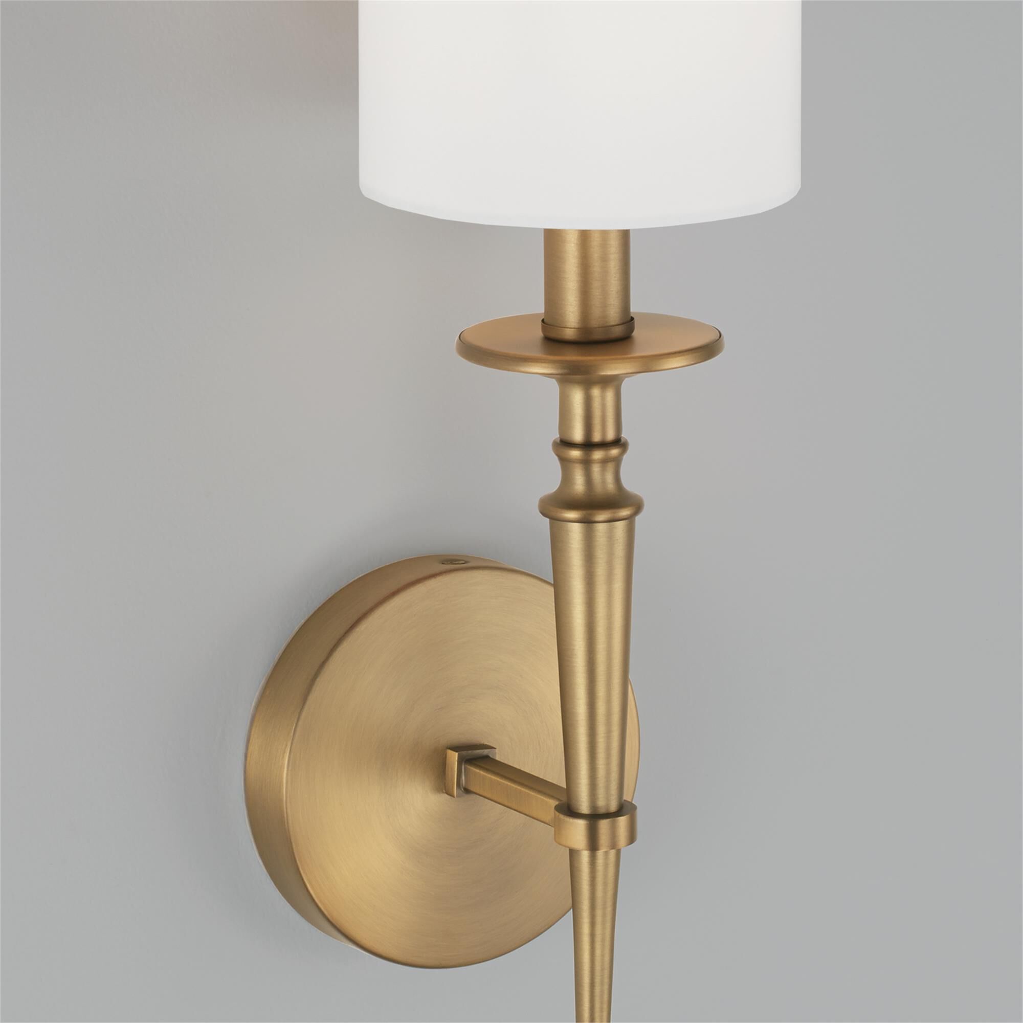 Shown in Aged Brass finish and 701 glass and White Fabric Stay-Straight shade