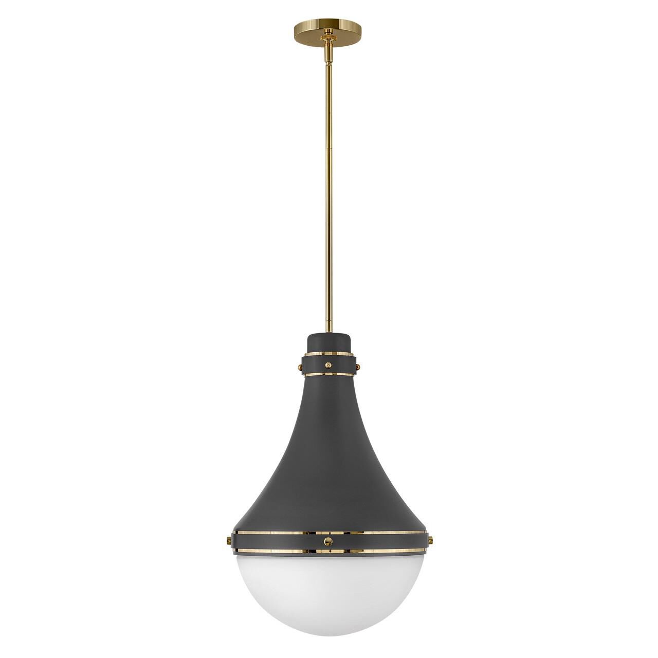 Shown in Dark Matte Grey finish and Etched Opal glass and Bright Brass accent