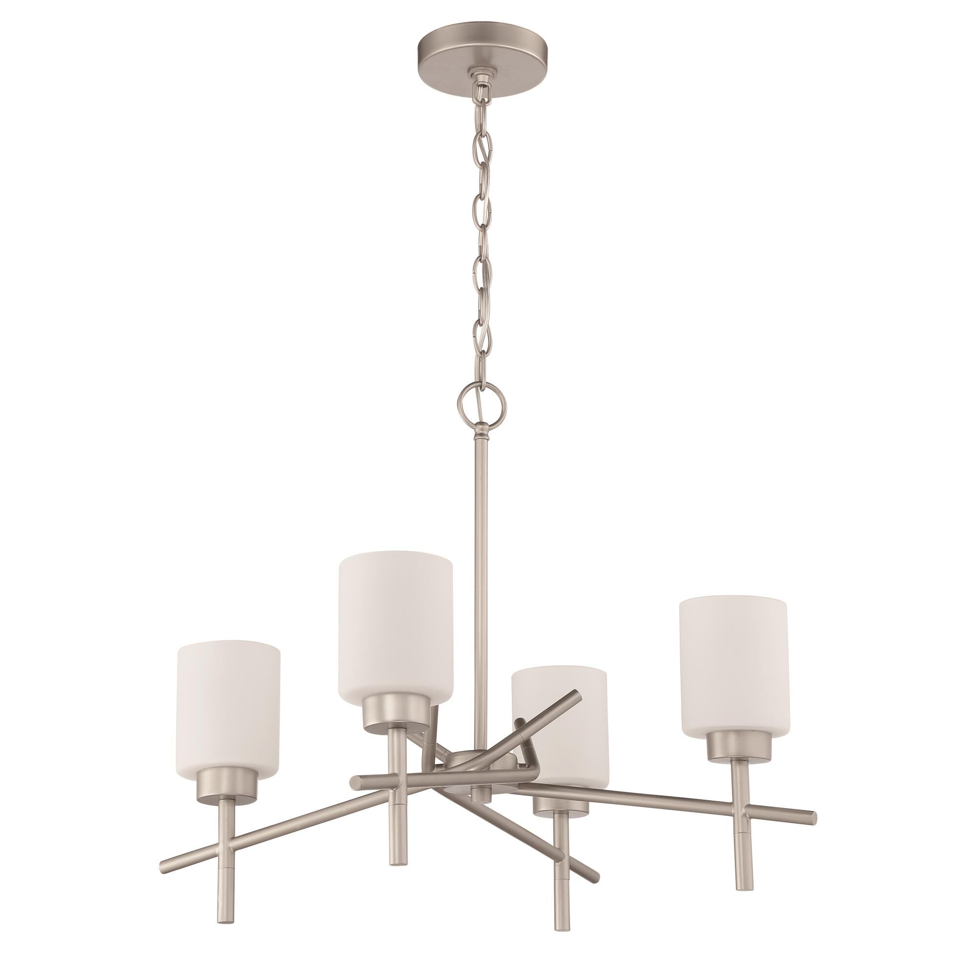 Shown in Satin Nickel finish and White Frosted glass and Glass shade