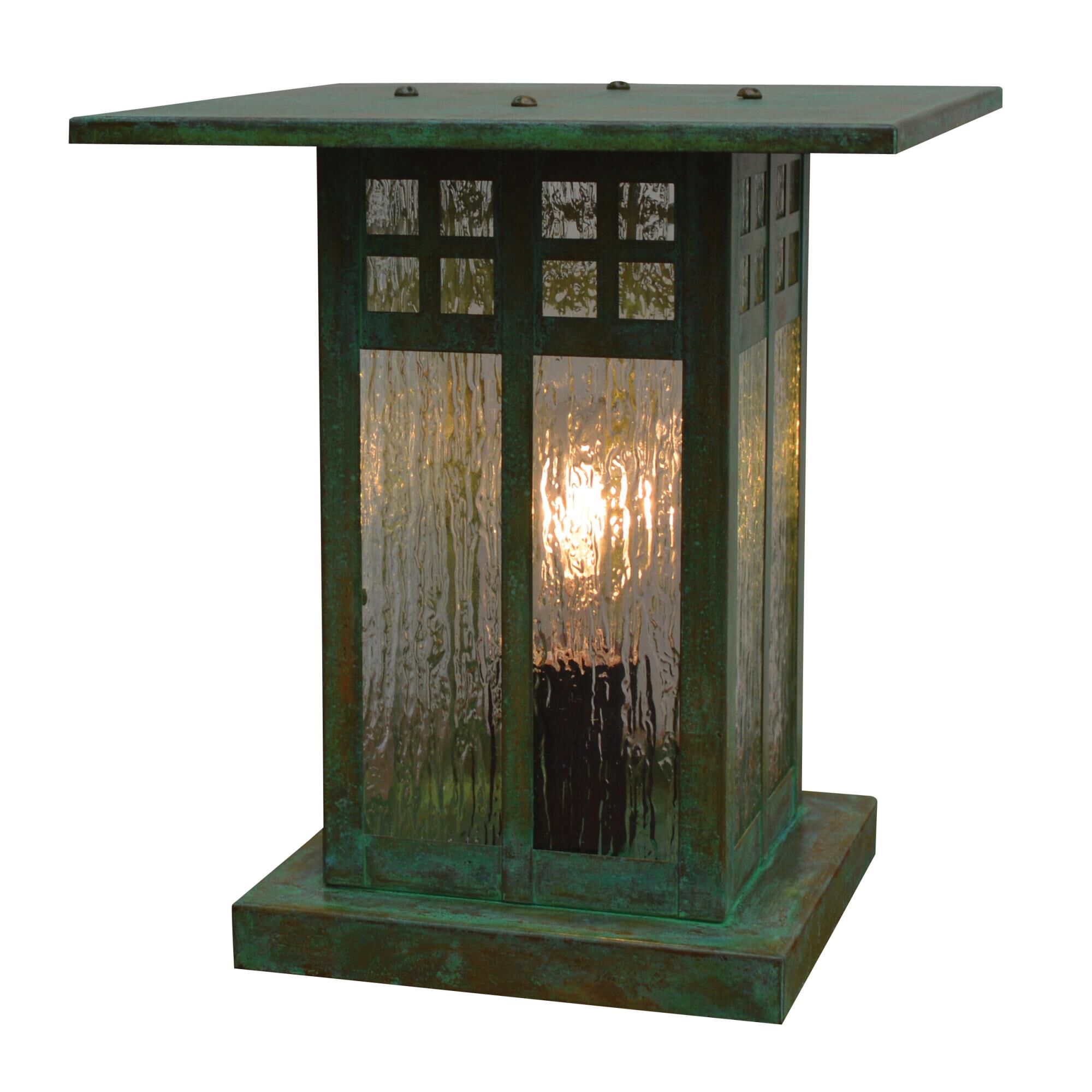 Shown in Verdigris Patina finish and Rain Mist glass