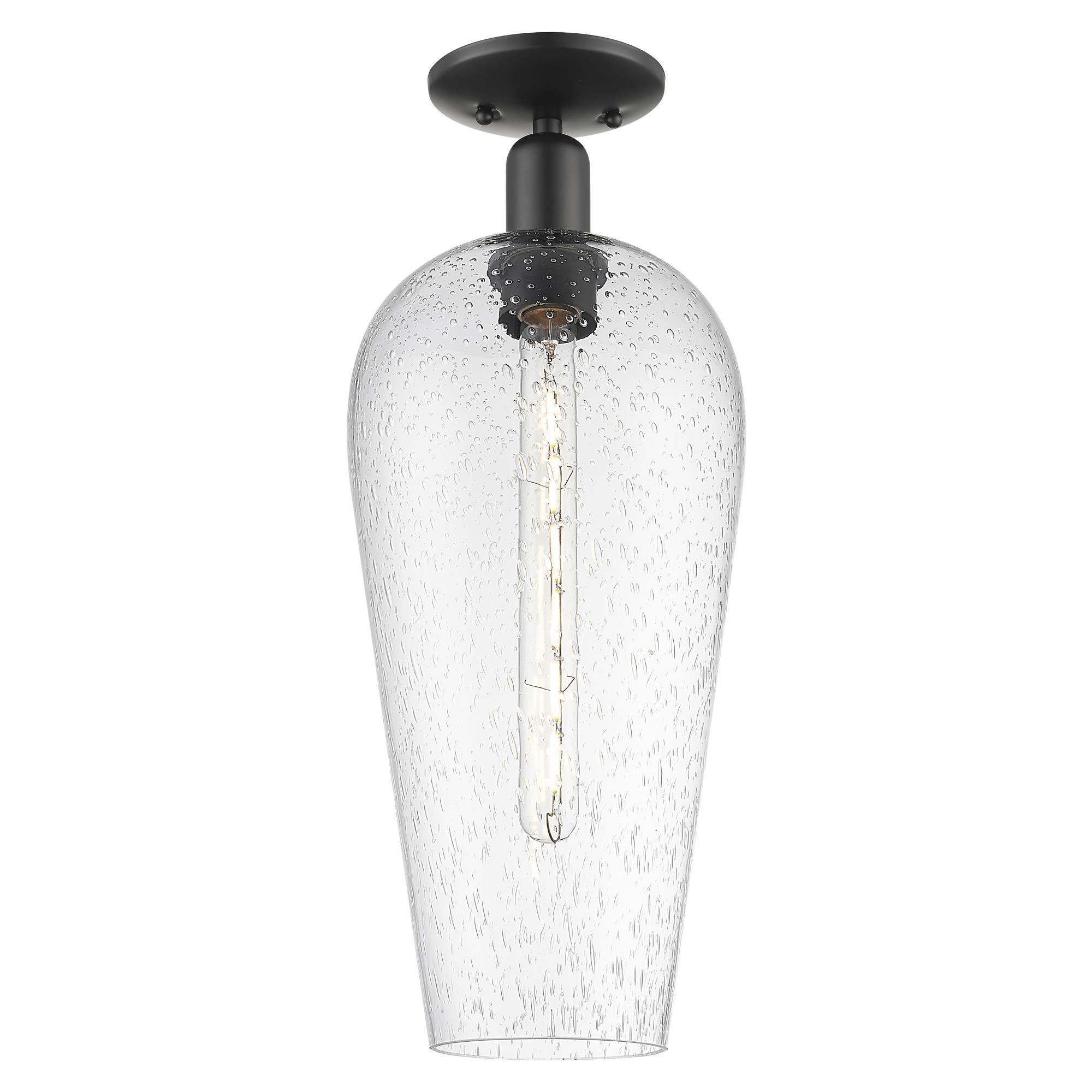 Shown in Matte Black finish and Seedy Deco Swirl glass