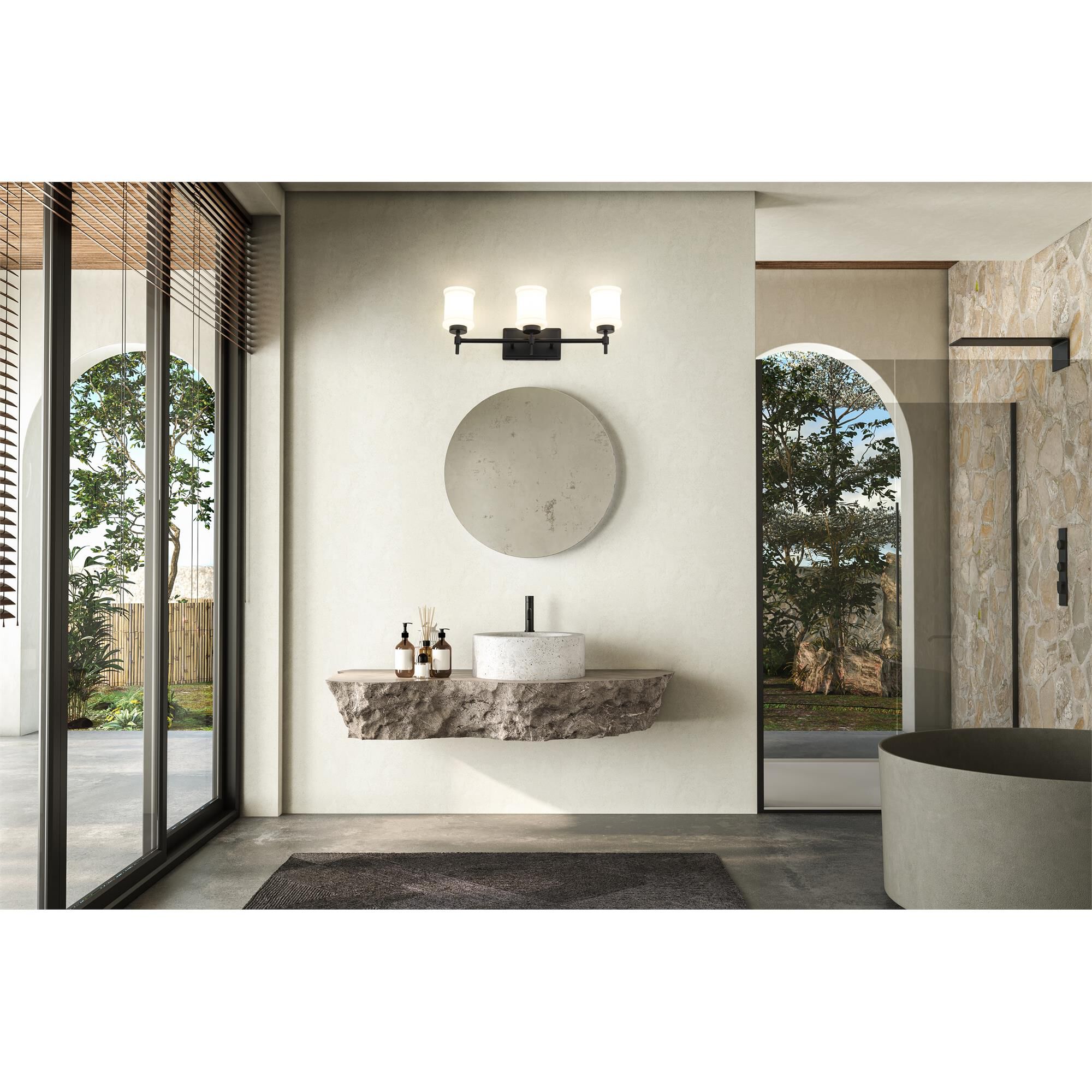 Shown in Matte Black finish and Gloss Opal glass and Gloss Opal shade