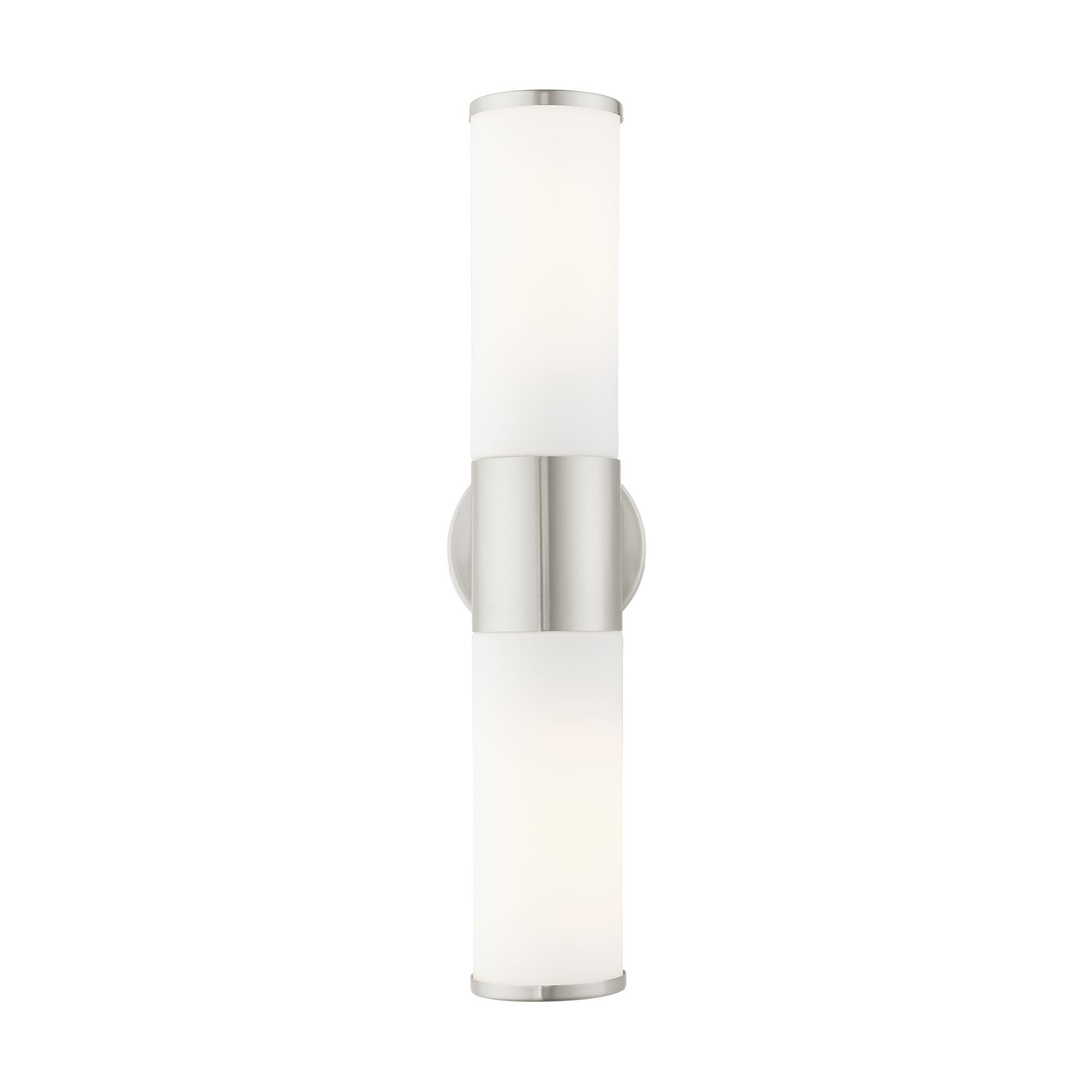 Shown in Brushed Nickel finish and Satin Opal White glass