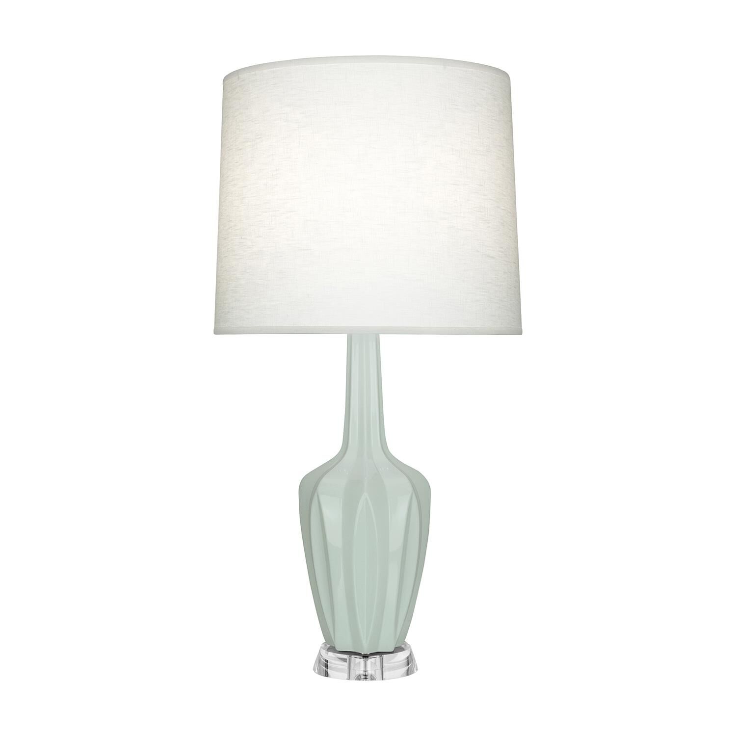 Shown in Celadon finish and Off White shade and Polished Nickel with Lucite accent