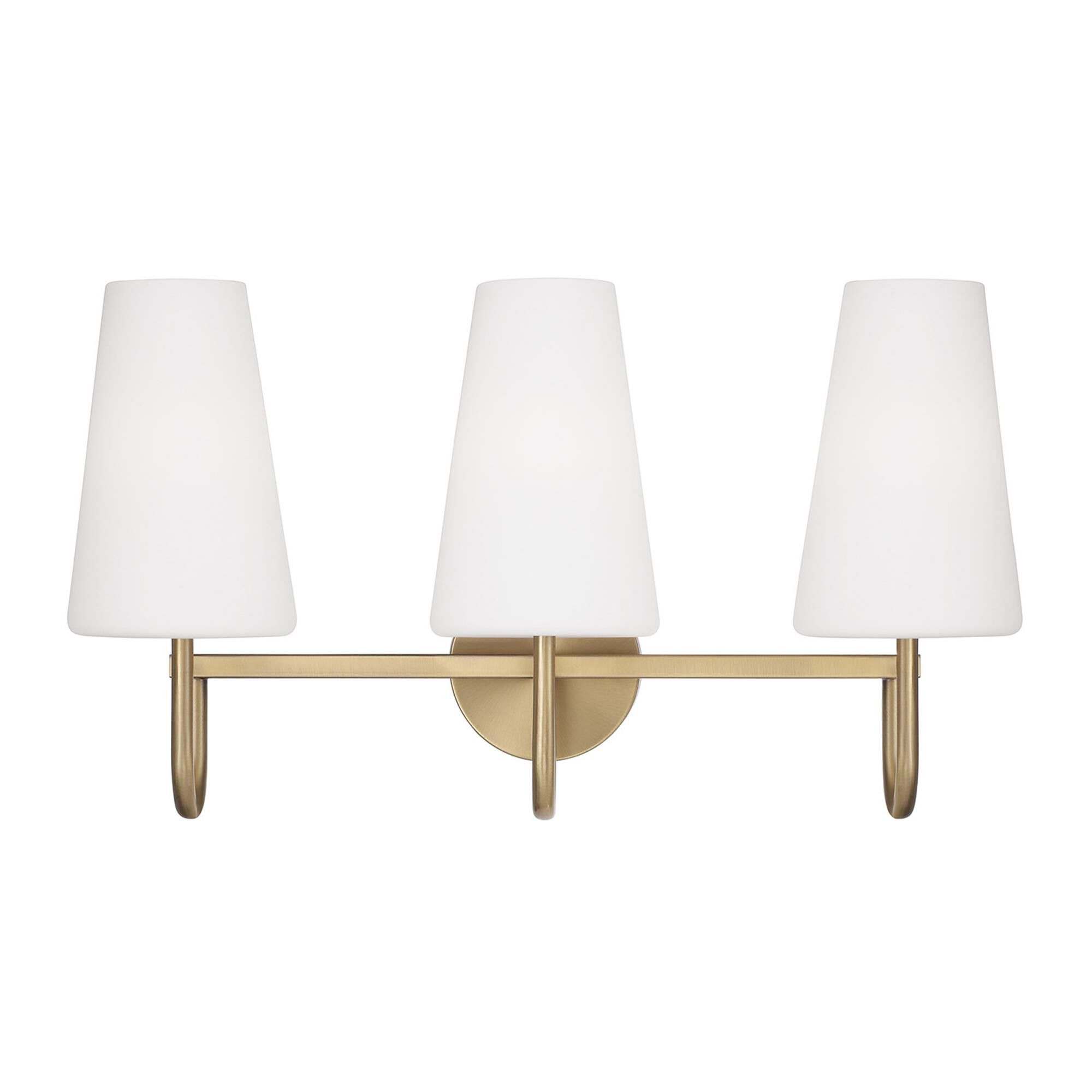 Shown in Aged Brass finish and Soft White glass