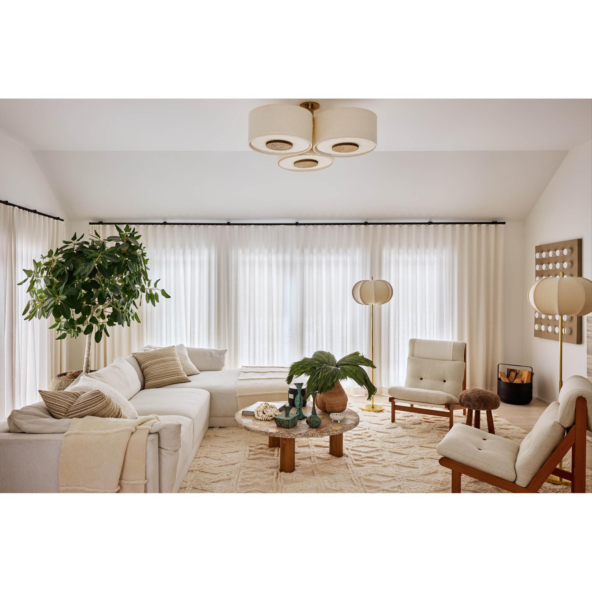 Shown in Aged Brass finish and Textured Linen shade