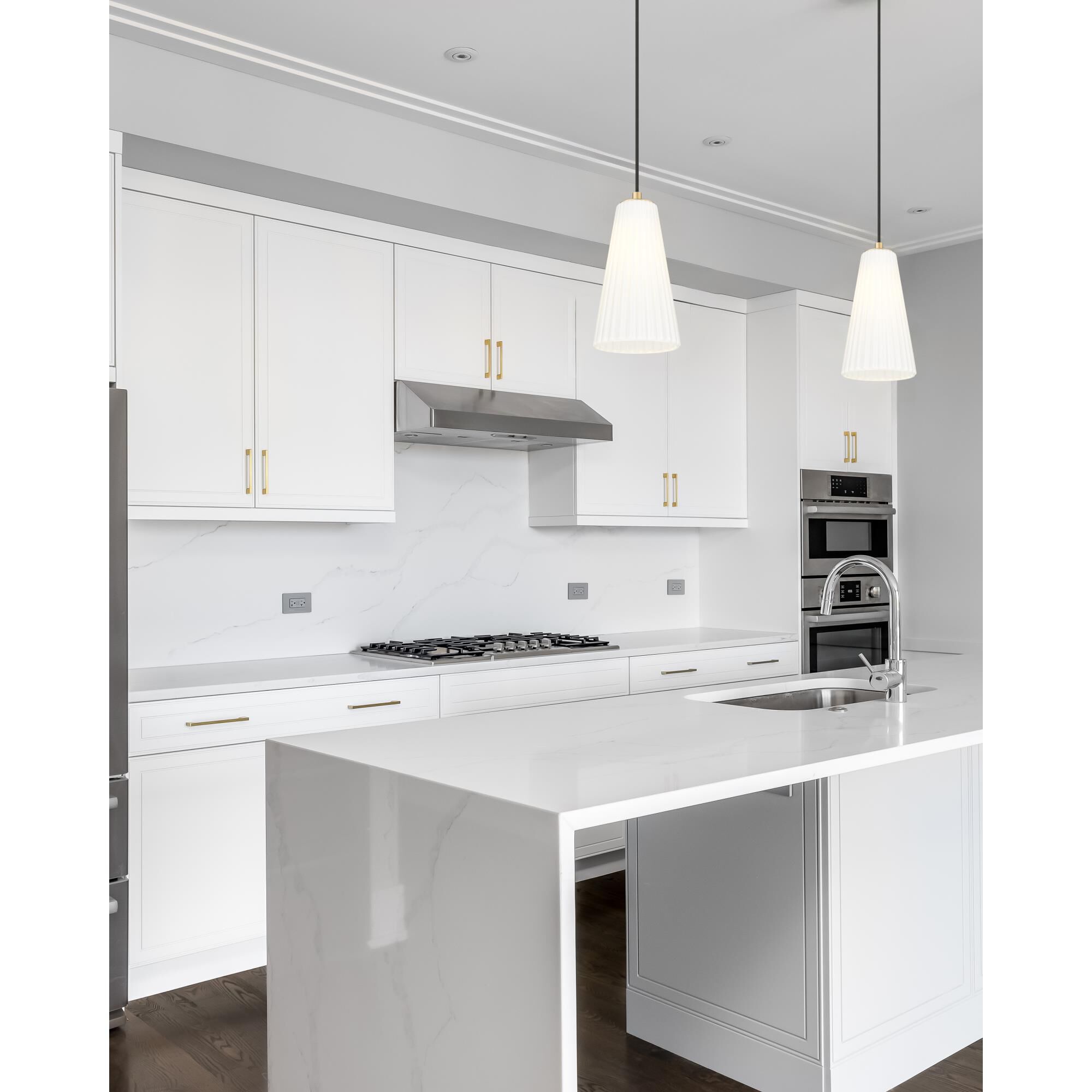 Shown in Modern Gold finish and White glass and White shade