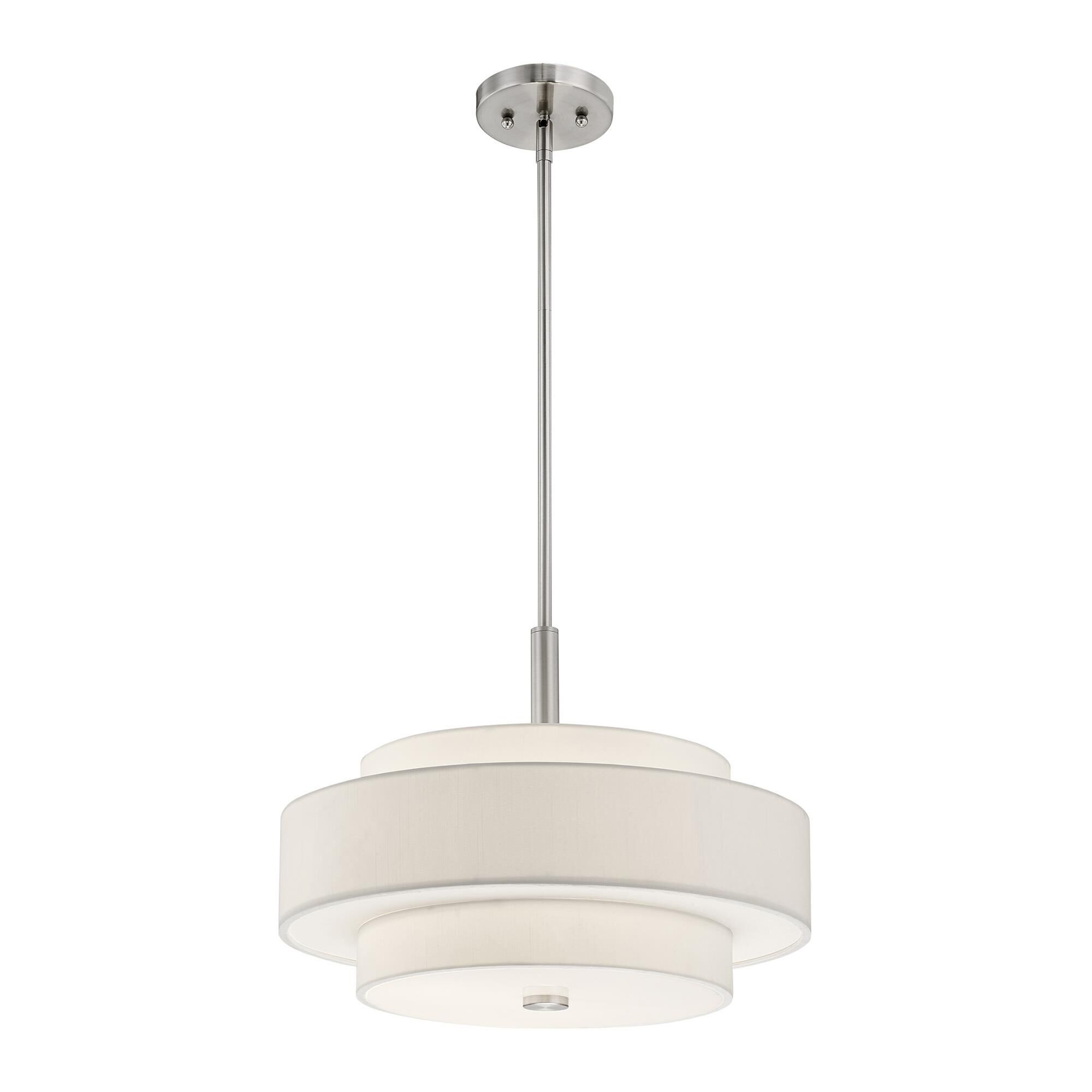 Shown in Brushed Nickel finish and Hand Crafted Off-White Fabric Hardback shade