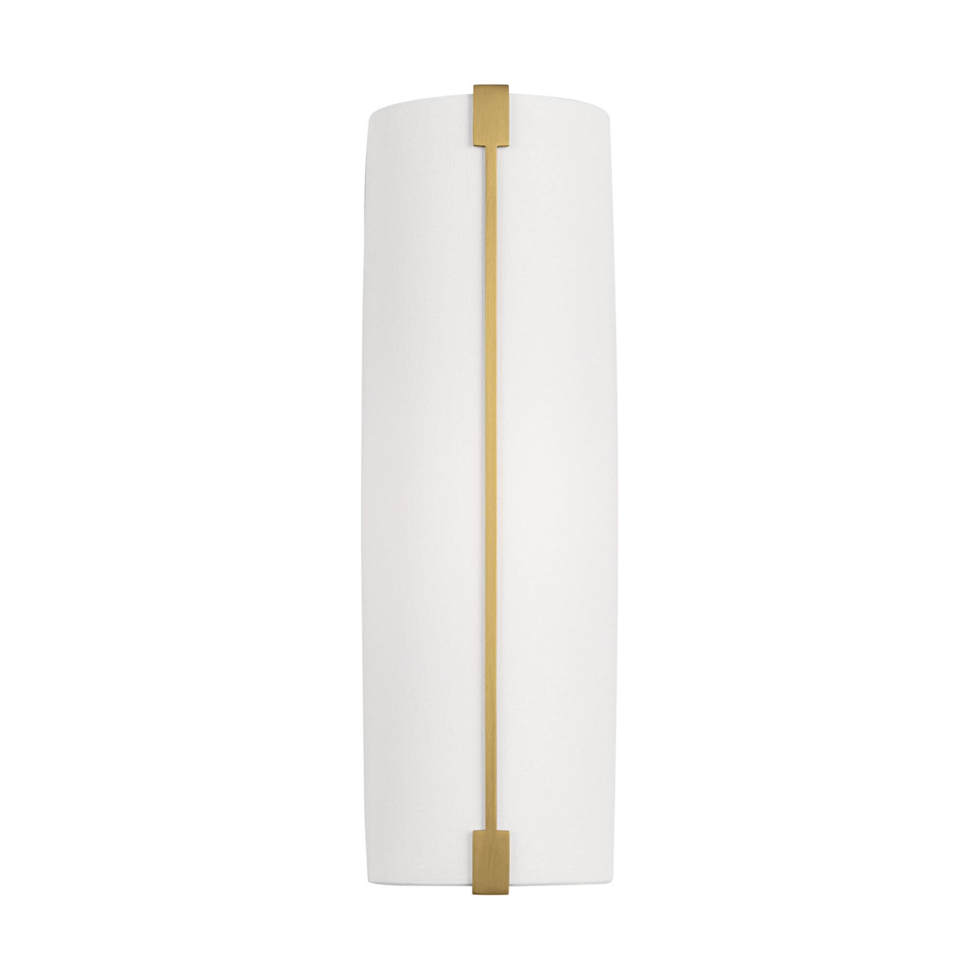Shown in Burnished Brass finish and White Linen shade