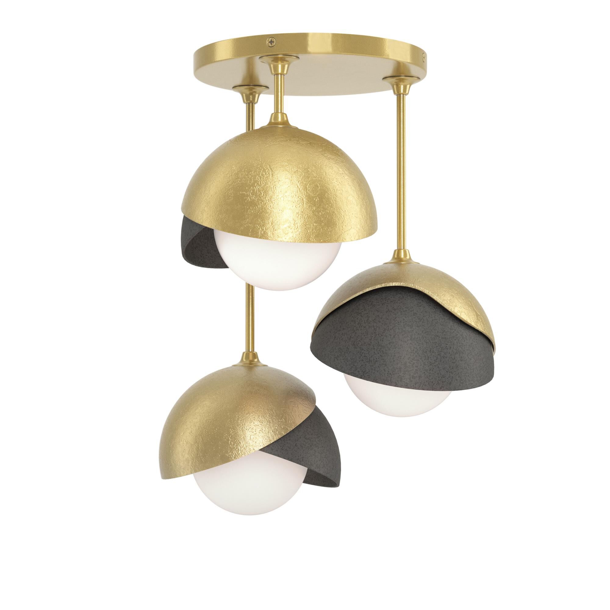 Shown in Modern Brass finish and Opal glass and Natural Iron  accent