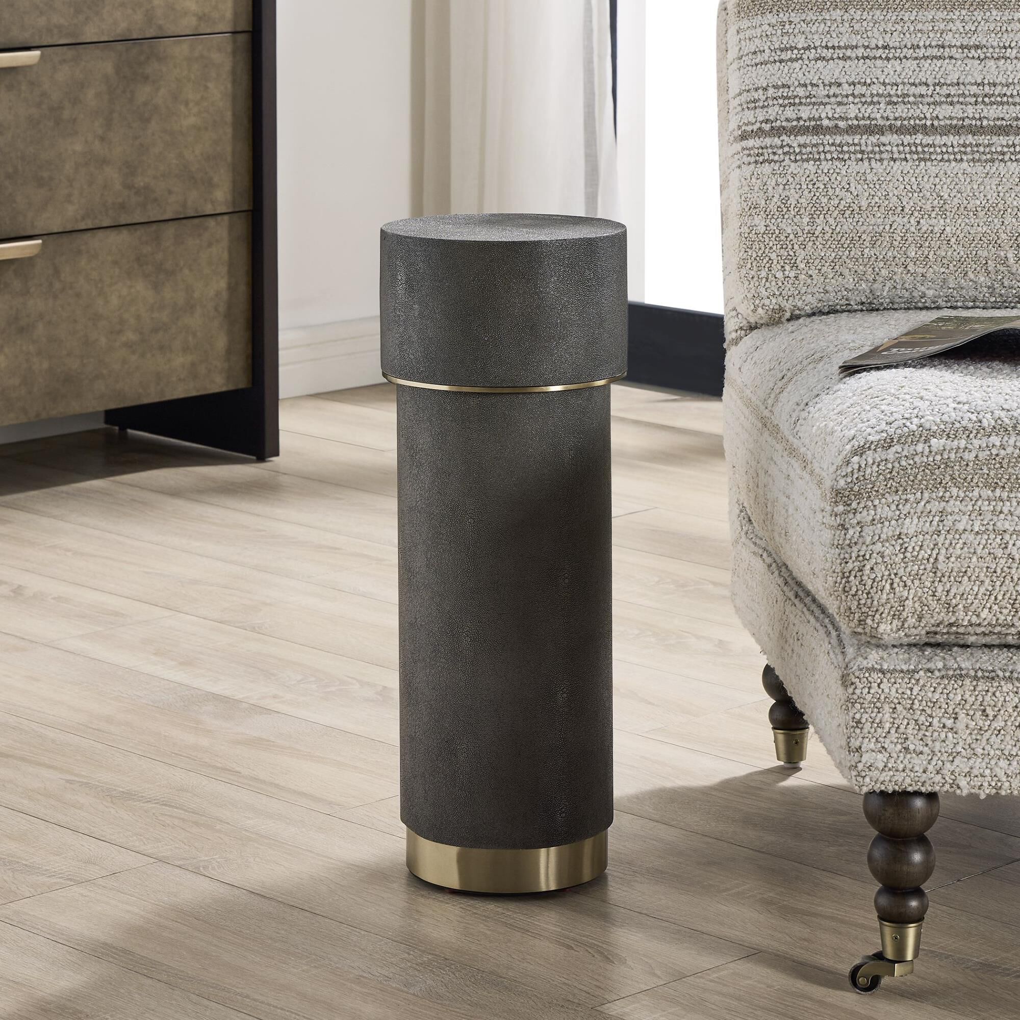 Shown in Brass, Gray finish