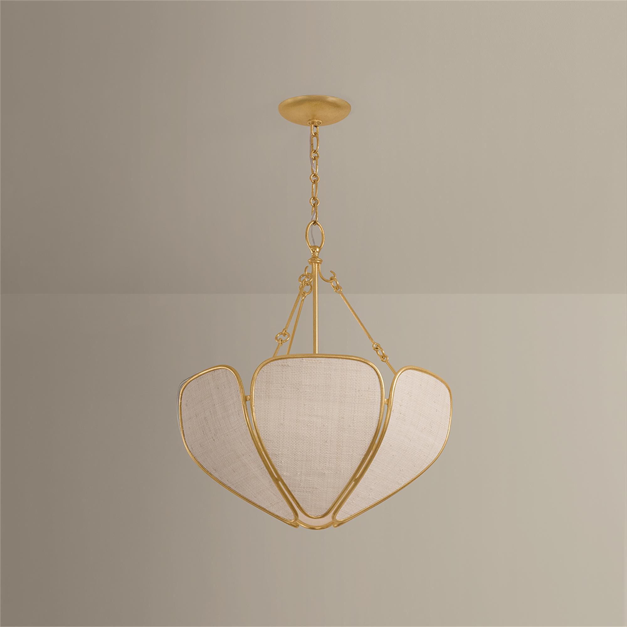 Shown in Vintage Gold Leaf finish and Natural Woven Saguran shade
