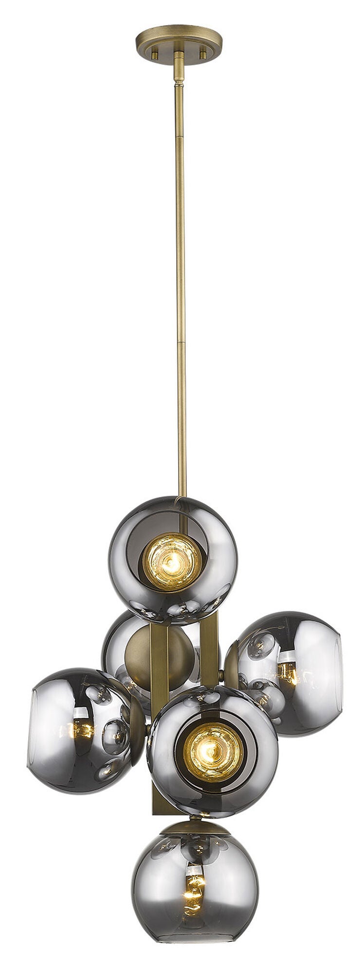 Shown in Aged Brass finish and Smoke glass and Smoke Glass Globes shade