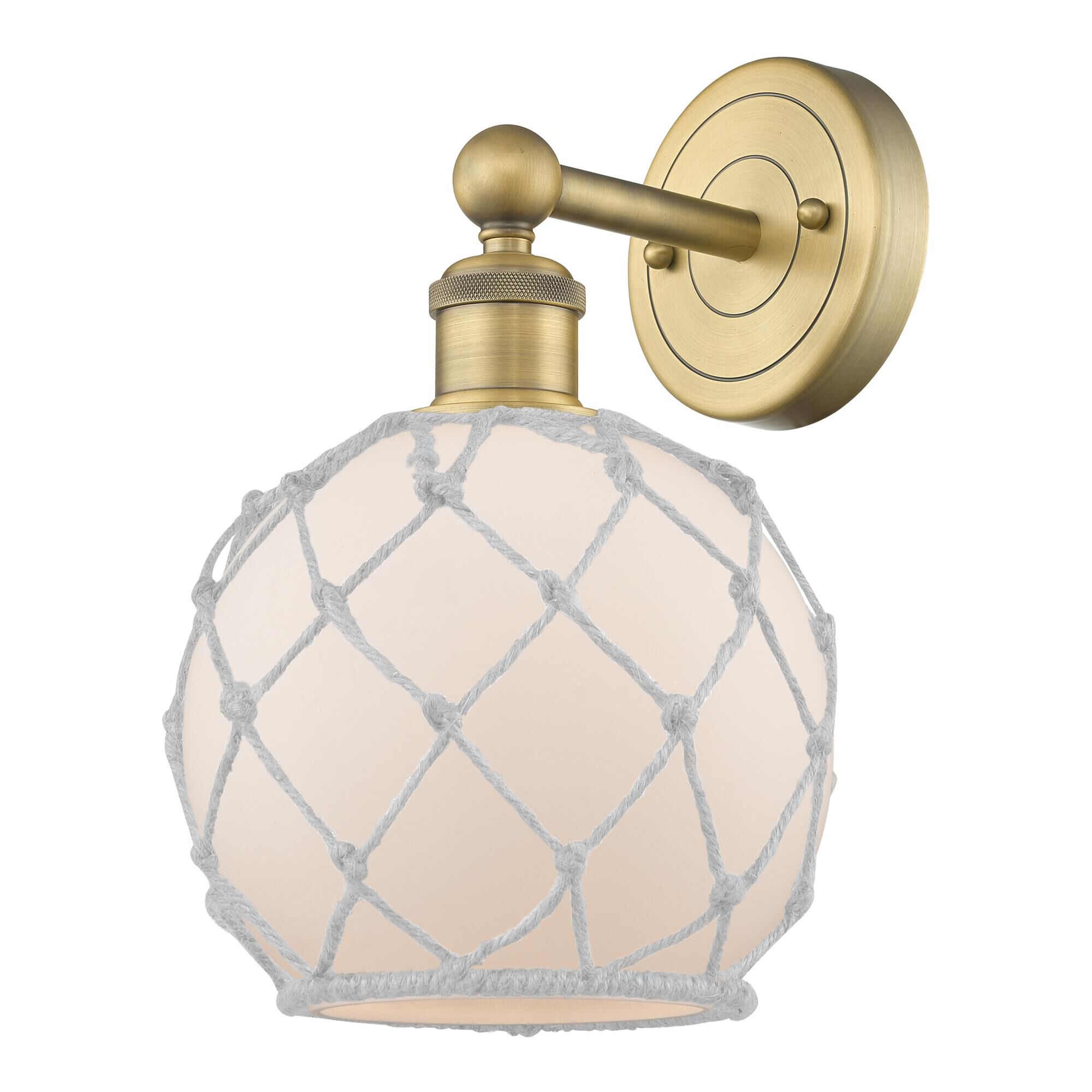 Shown in Brushed Brass finish and White with White Rope glass