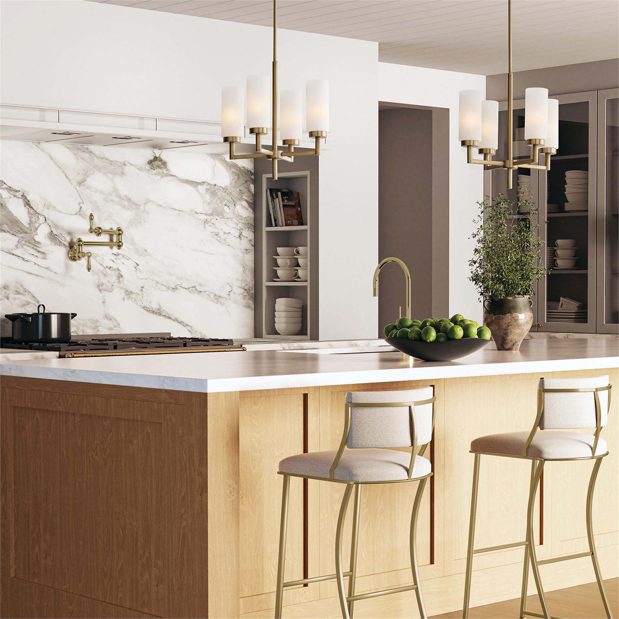 Shown in Aged Brass finish and Faux Alabaster glass