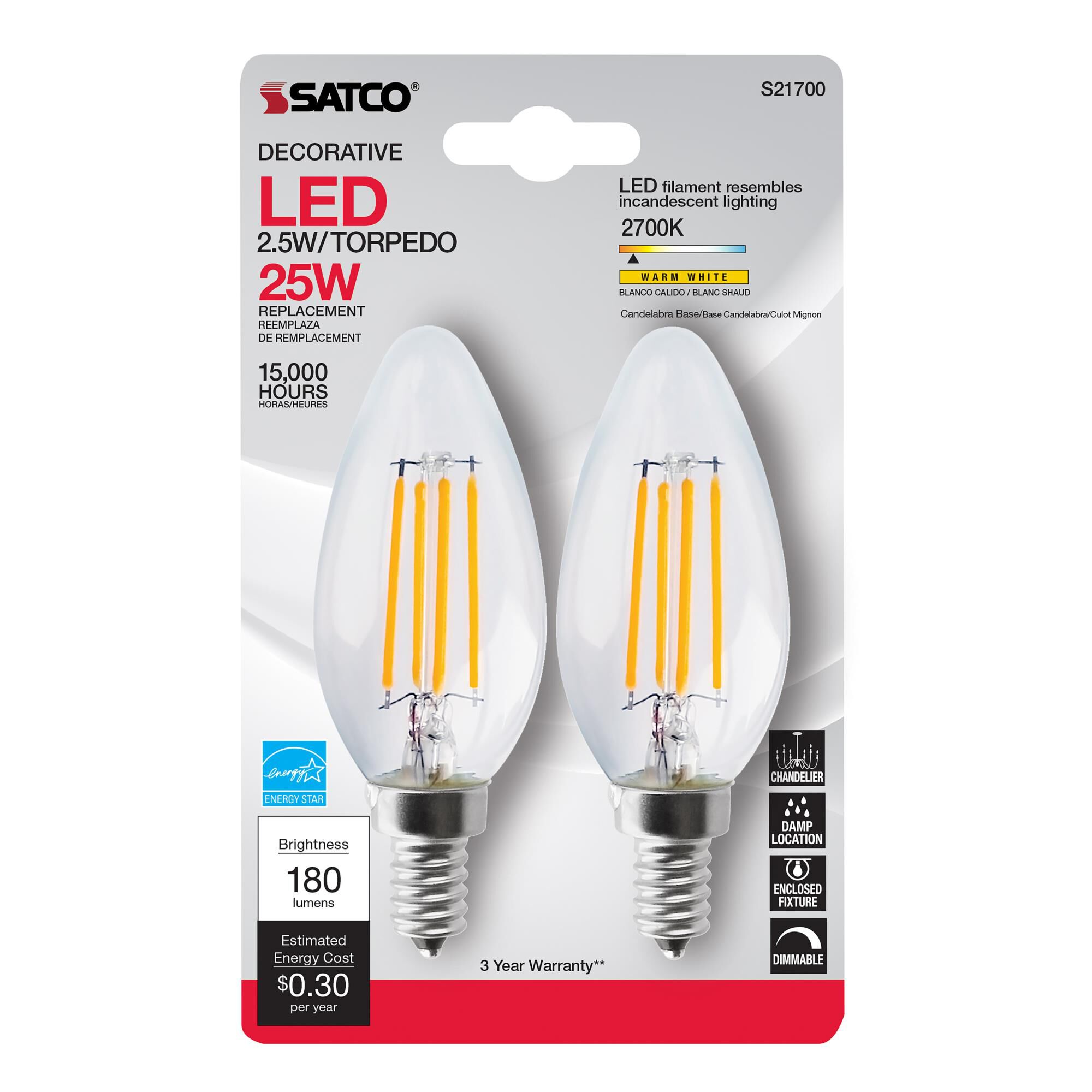 Dimmable 2.5 Watt 2700K B11 LED Light Bulb,