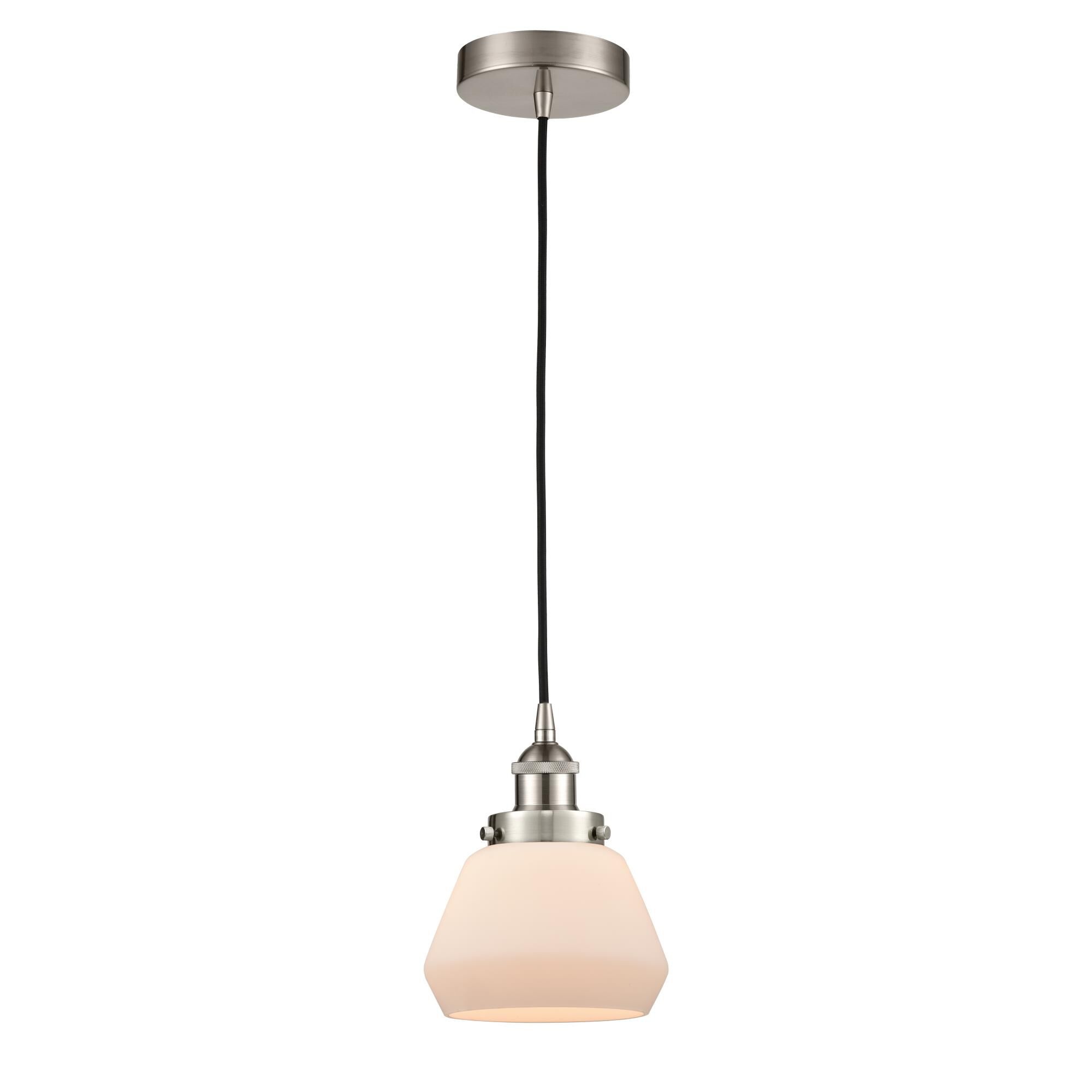 Shown in Brushed Satin Nickel finish and Matte White Cased Fulton glass