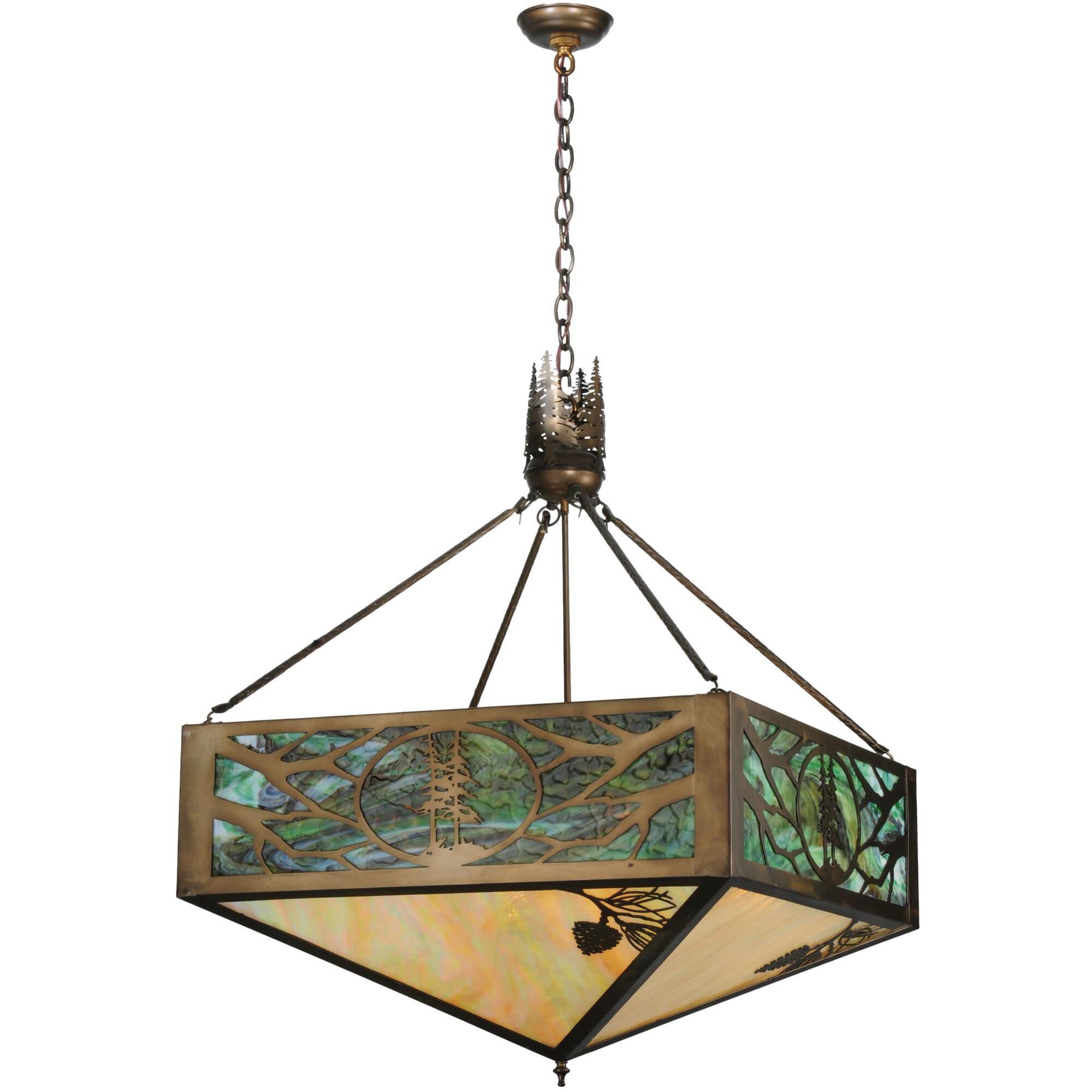 Shown in Antique Copper Finish finish and Dusk Blue-Green Iridescent-Beige glass