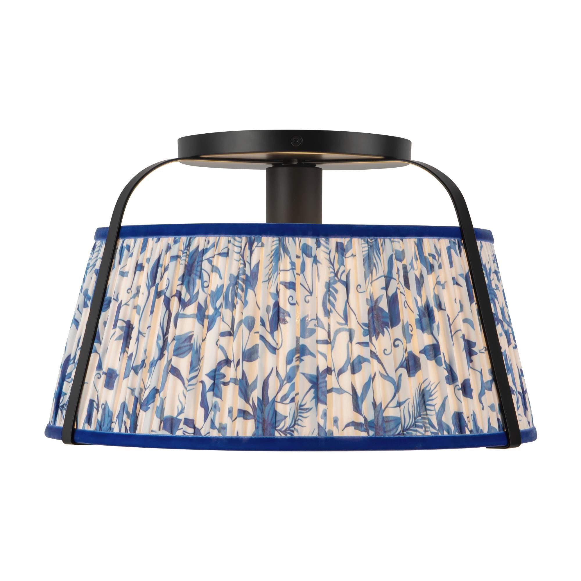 Shown in Matte Black finish and Frosted Polycarbonate Diffuser glass and Blue Linen shade