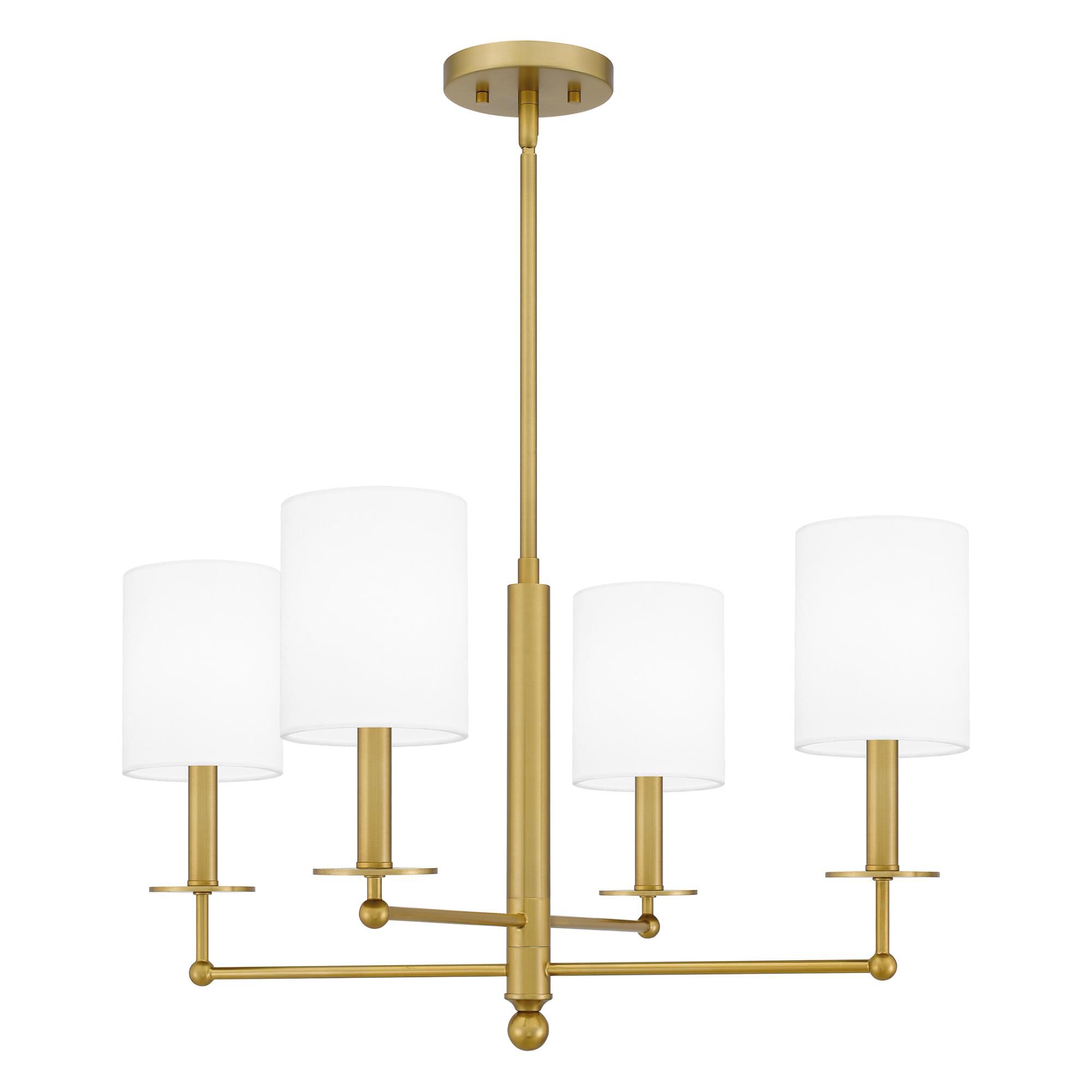 Shown in Aged Brass finish and White Linen shade