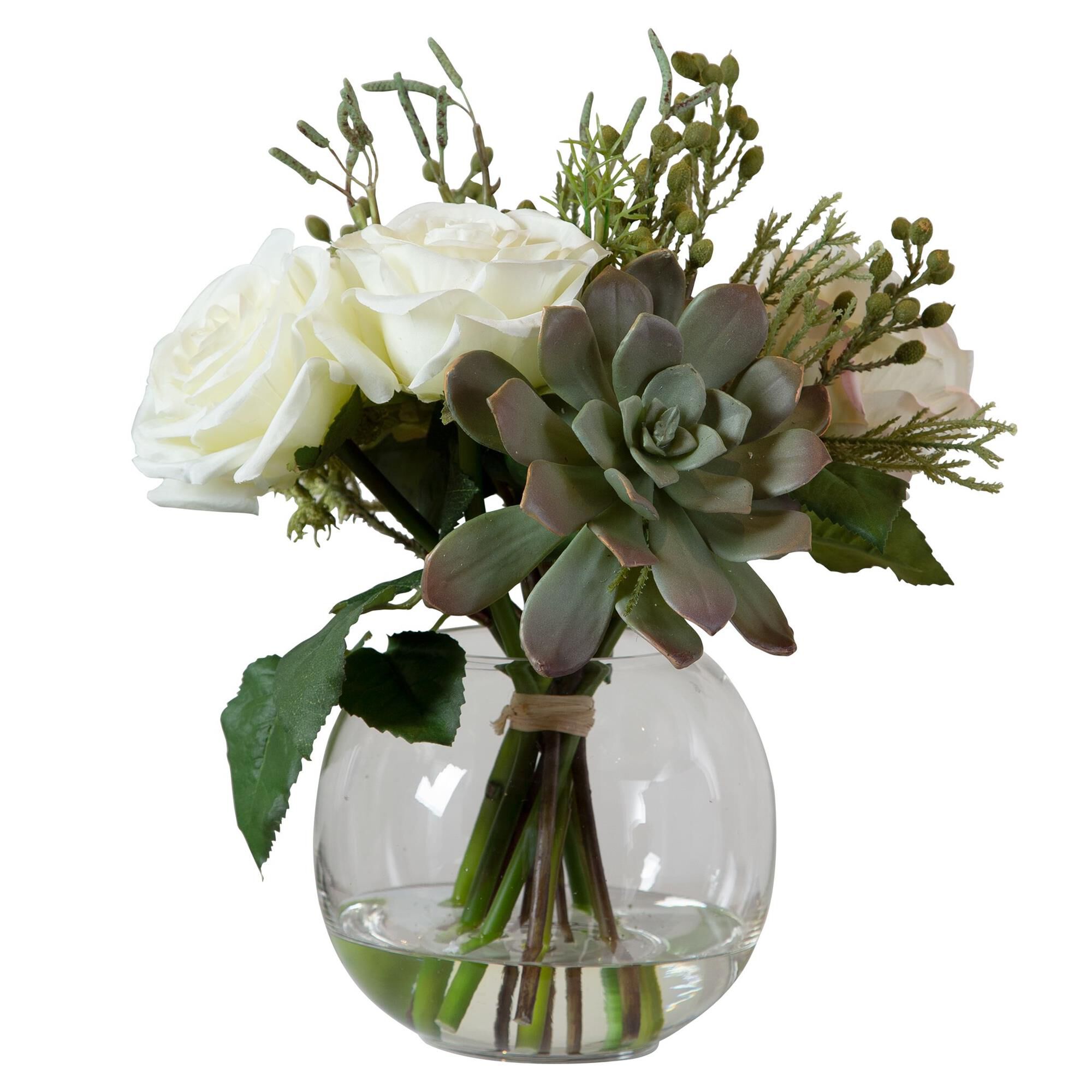 Shown in Modern Floral Bouquet Features A Unique Mix Of Berries, Greenery, Seed Pods, Succulents And Cream Ro finish