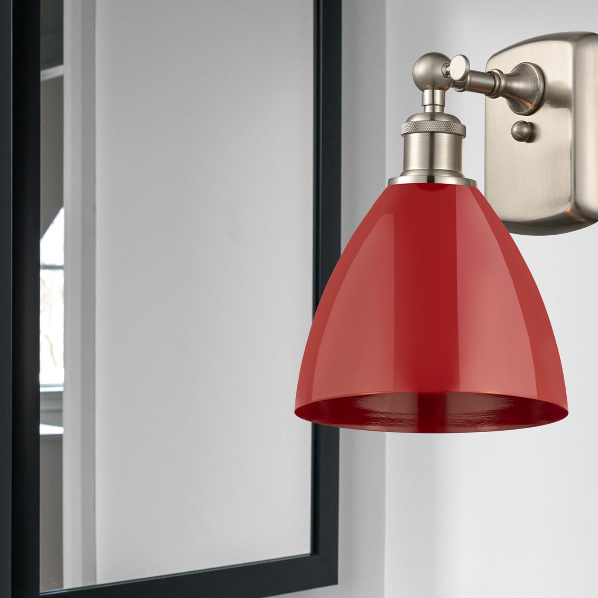 Shown in Brushed Satin Nickel finish and Red Plymouth Dome shade