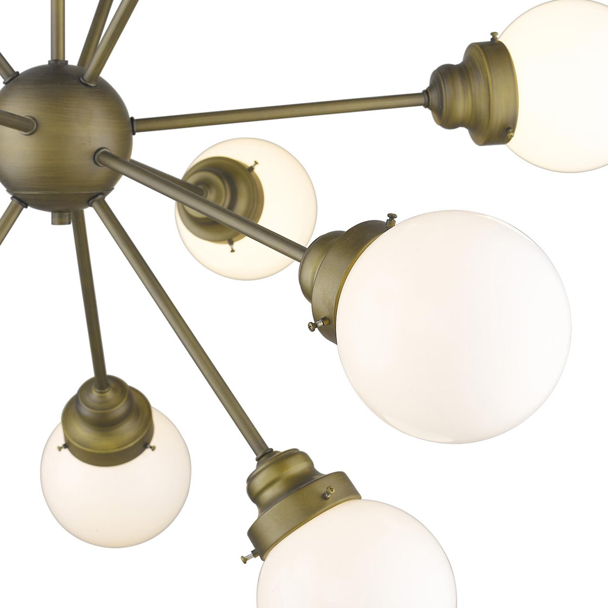 Shown in Raw Brass finish and Opal glass and Opal, Glass Globes shade