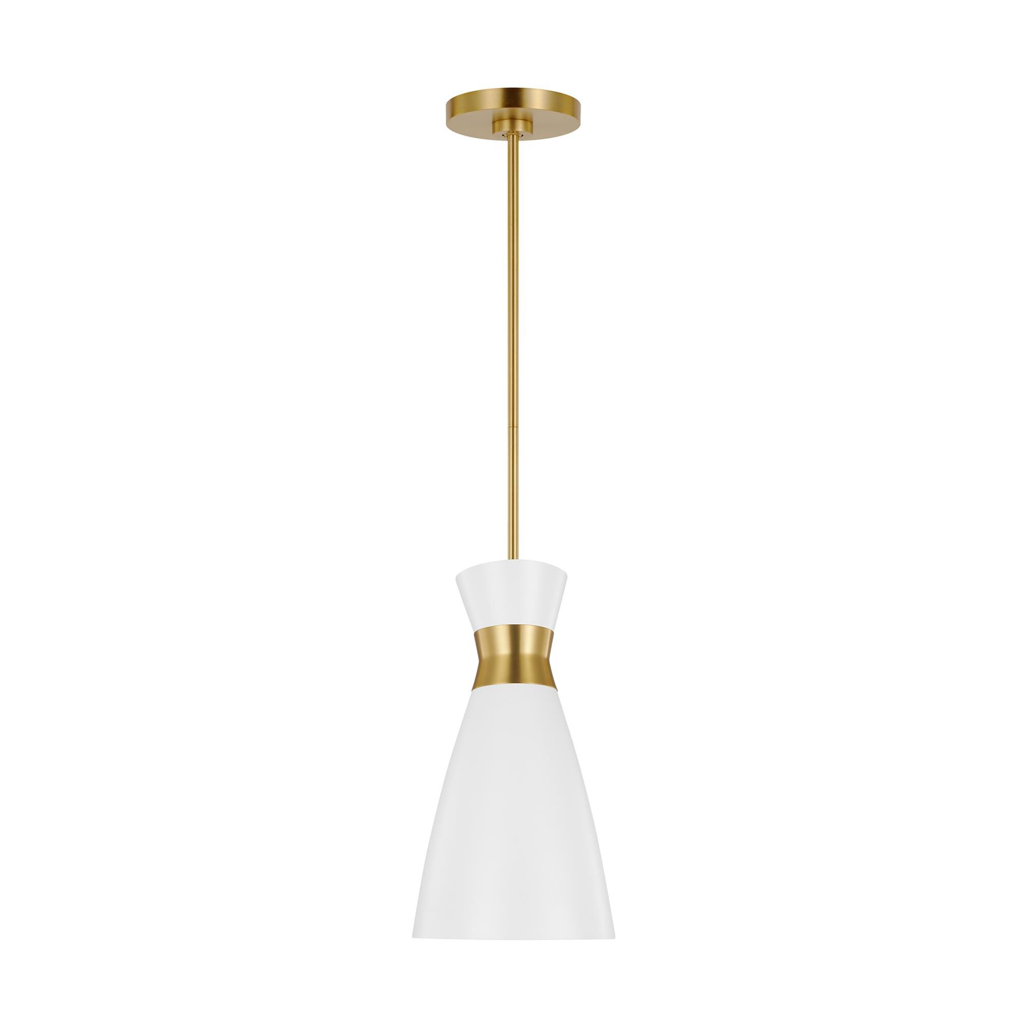 Shown in Burnished Brass finish and Matte White Steel shade