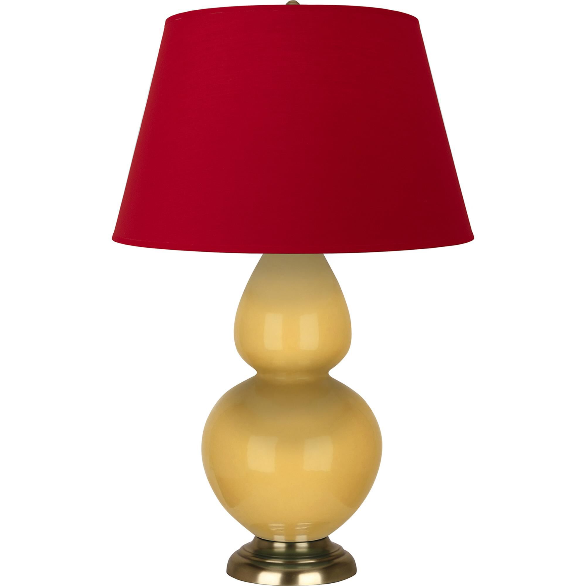 Shown in Sunset finish and Black and Red shade and Antique Brass accent