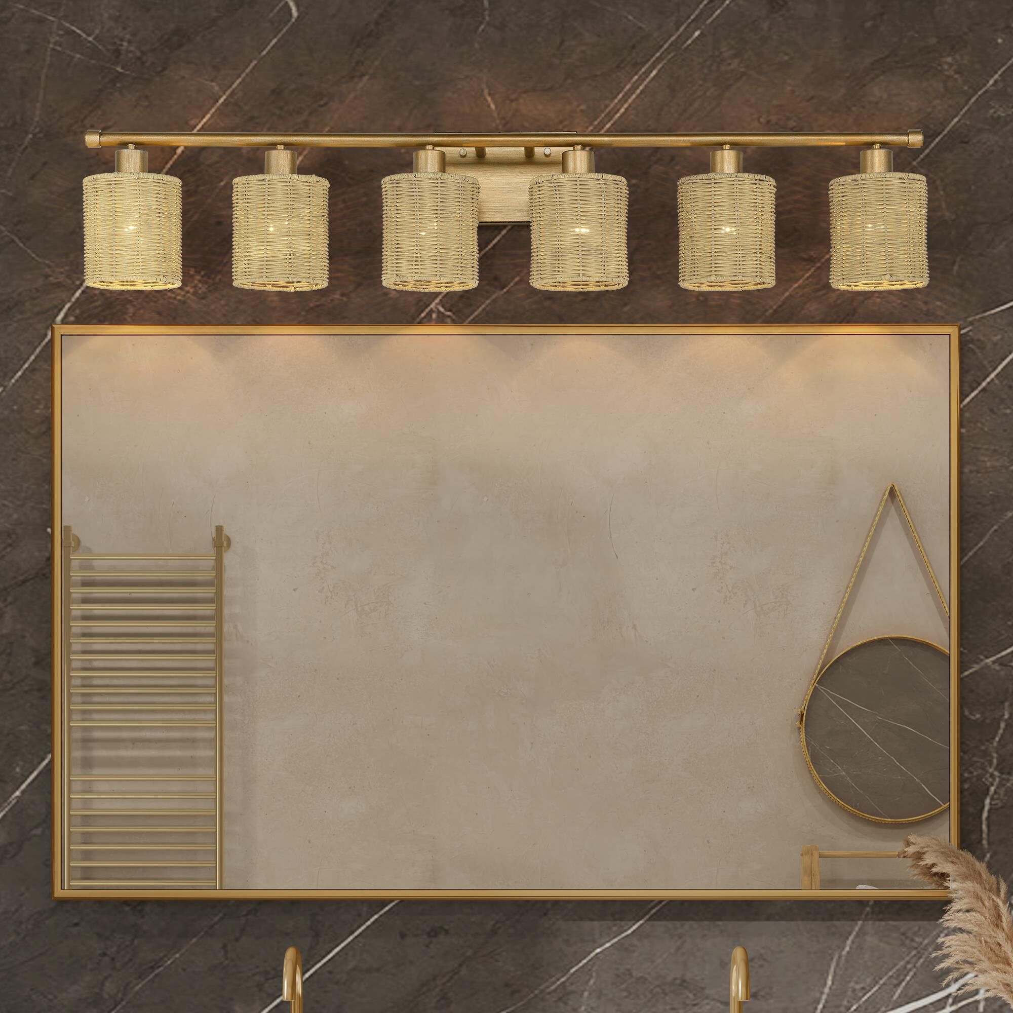 Shown in Antique Gold Leaf finish and Hand-Woven Rustic Walnut Color Rattan shade