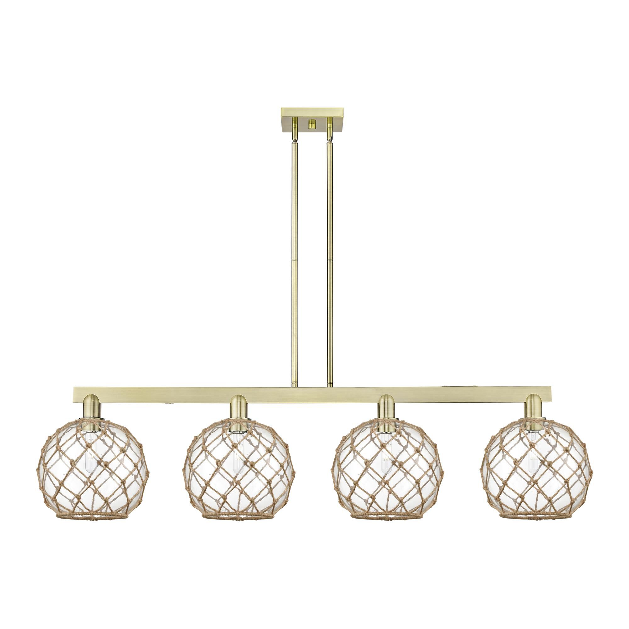 Shown in Antique Brass finish and Clear with Brown Rope glass