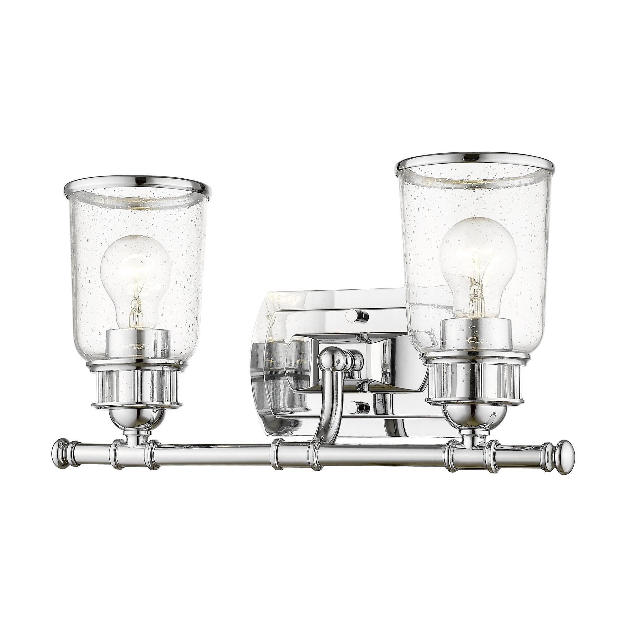 Shown in Polished Chrome finish and Hand Blown Clear Seeded glass