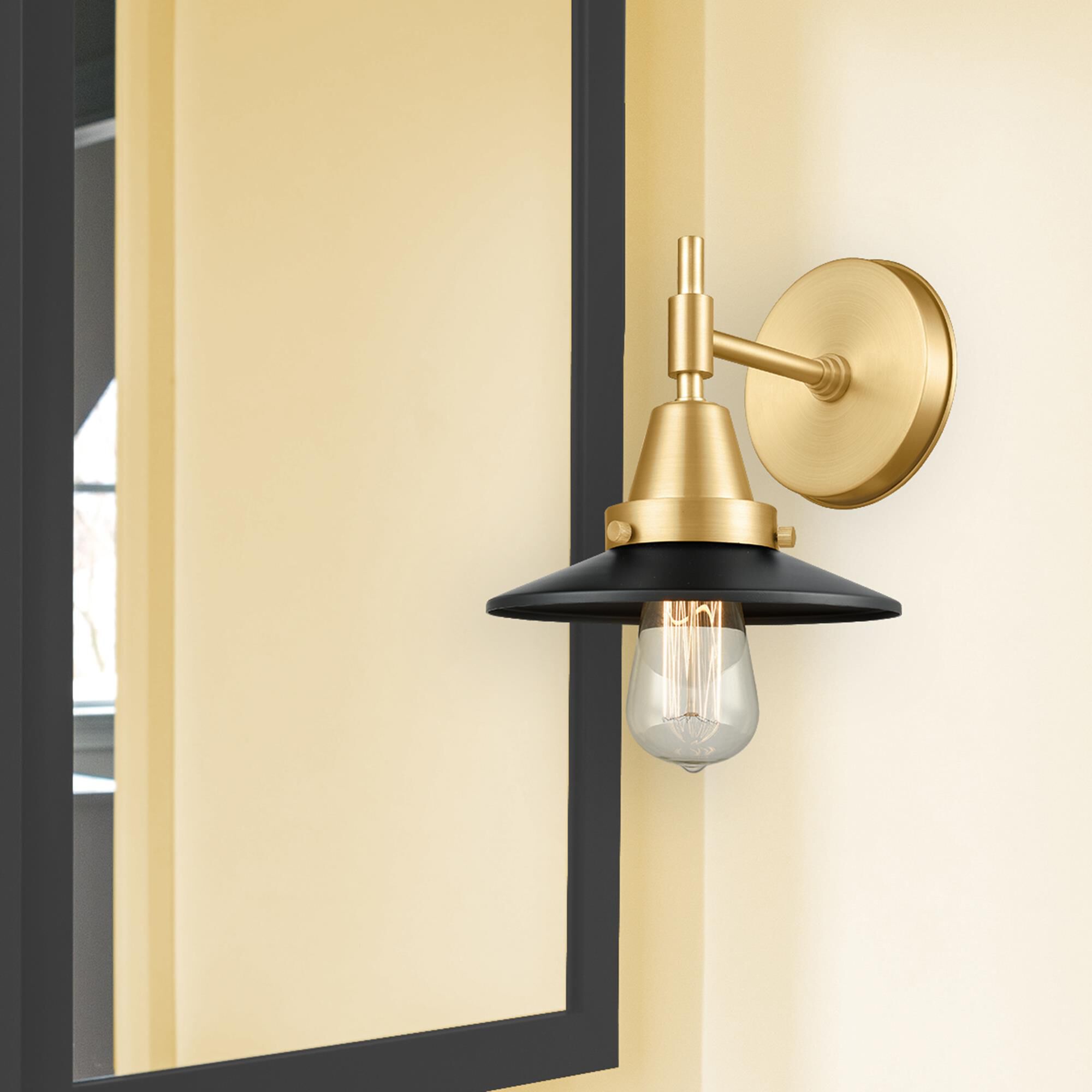 Shown in Satin Gold finish and Matte Black Railroad shade