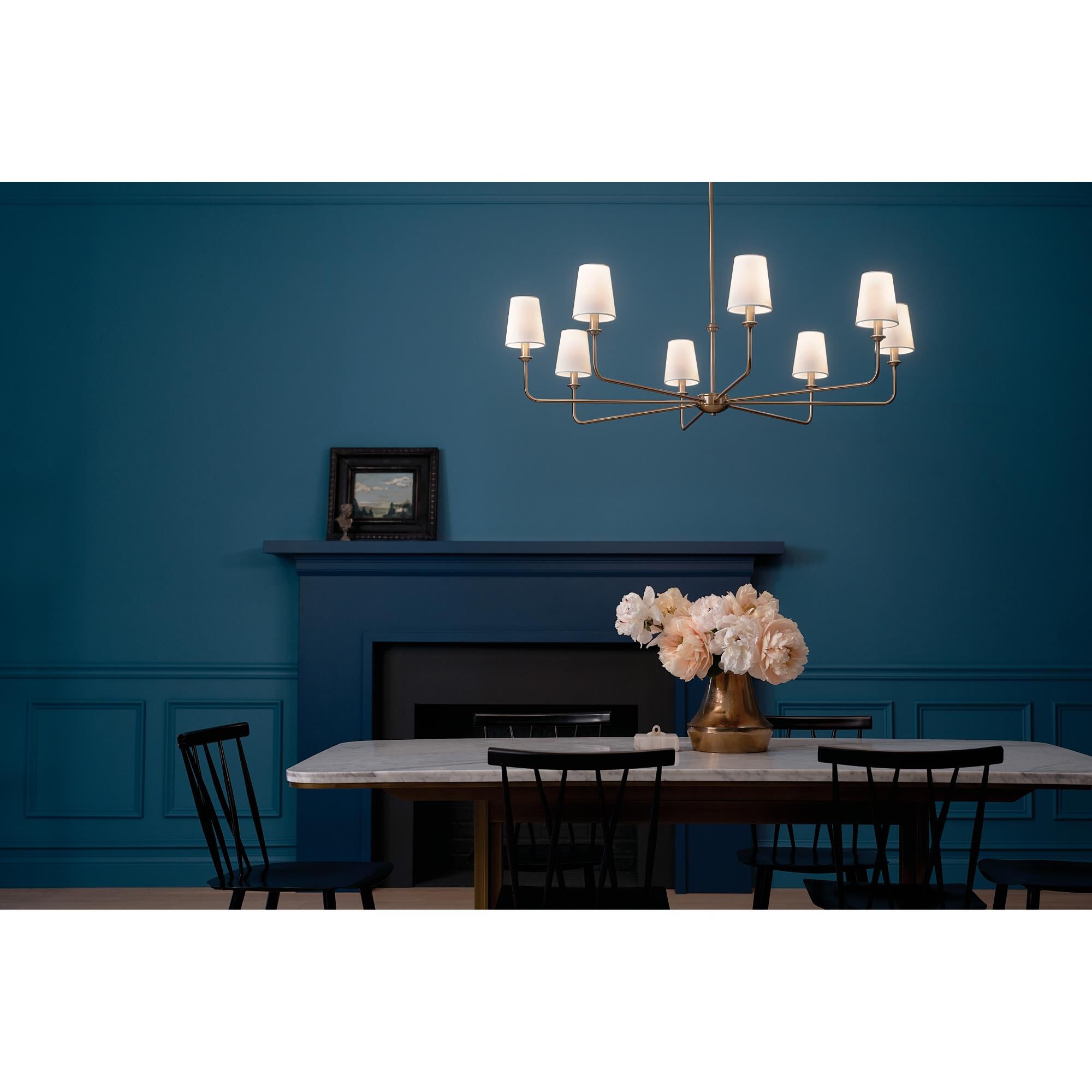 Shown in Brushed Natural Brass finish and Fabric and Bell shade