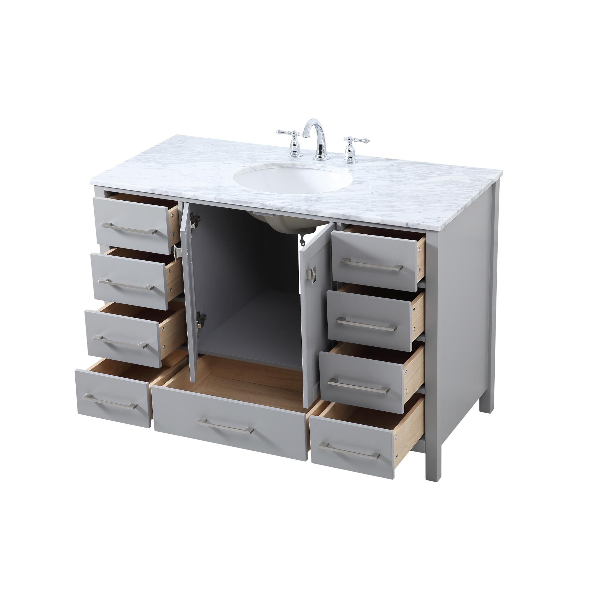 Shown in Gray And Brushed Nickel With Carrara White Marble finish