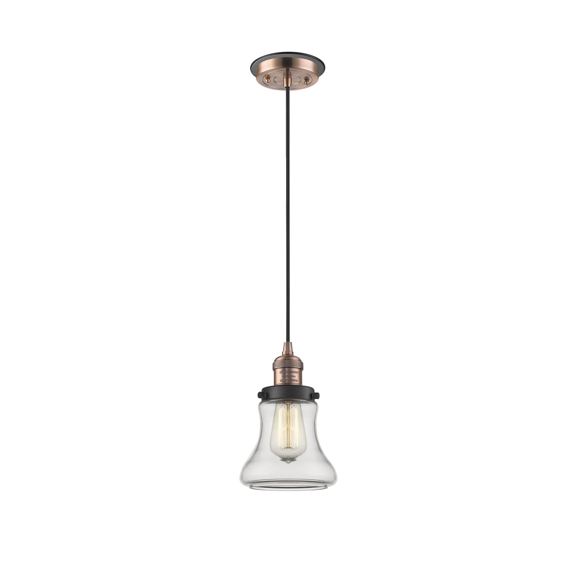 Shown in Antique Copper finish and Clear Bellmont glass and Matte Black accent