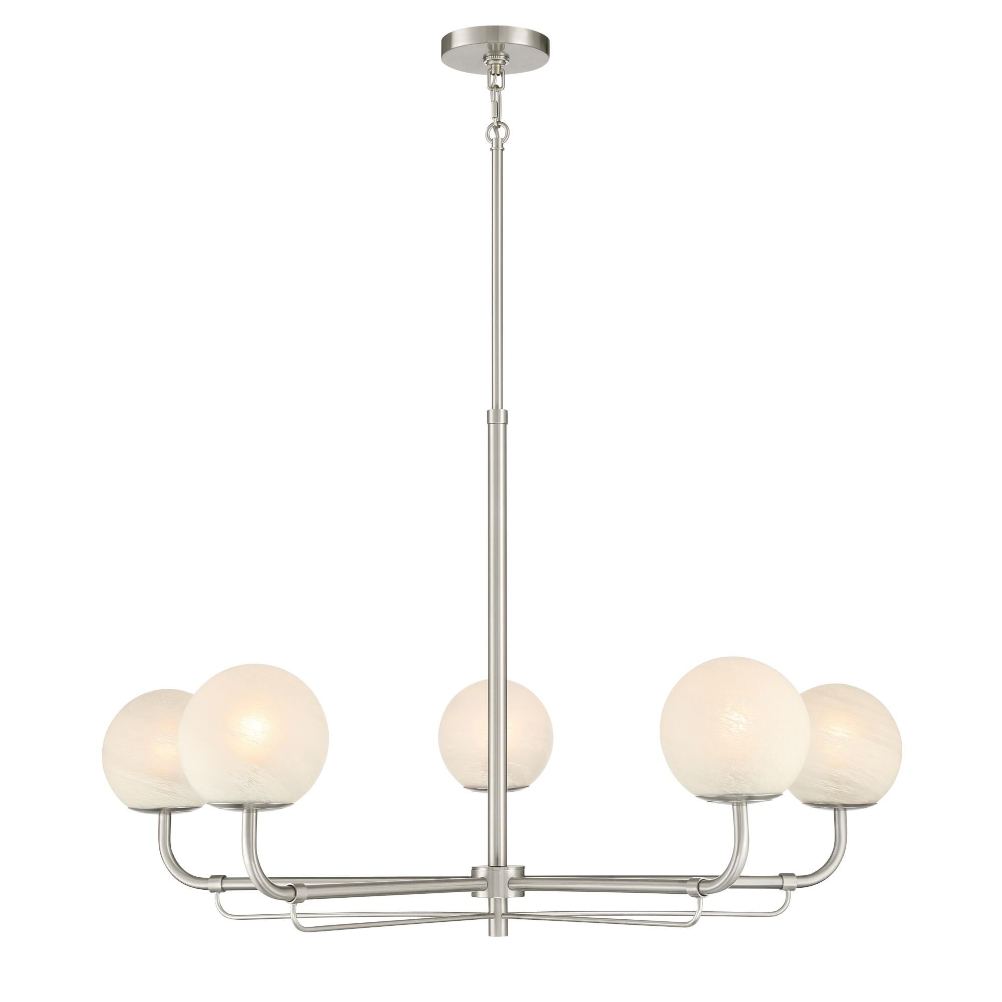 Shown in Brushed Nickel finish and White glass and Etched Alabaster Glass shade