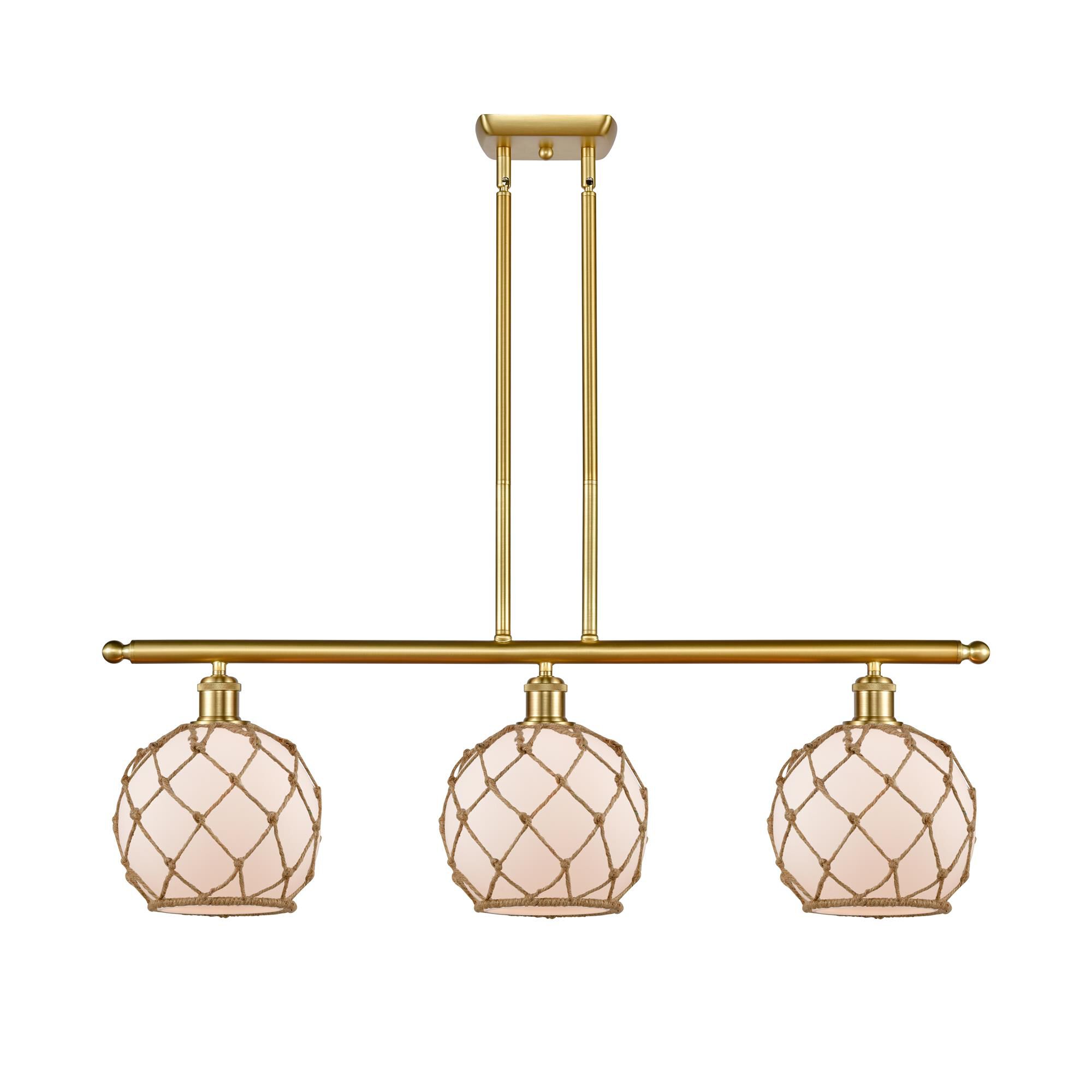 Shown in Satin Gold finish and White Farmhousewith Brown Rope glass