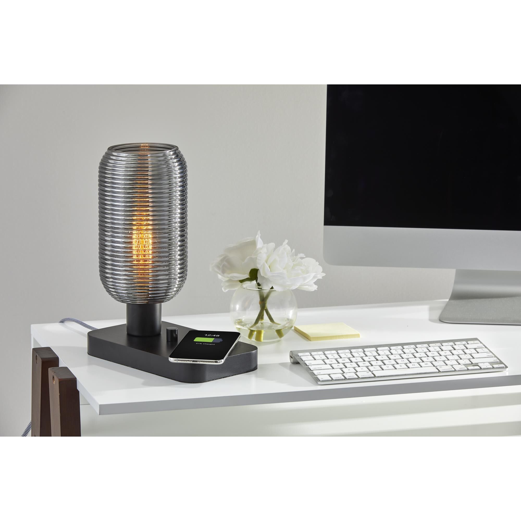 Shown in Black Rubberwood and Black Metal finish and Smoke Ripple glass