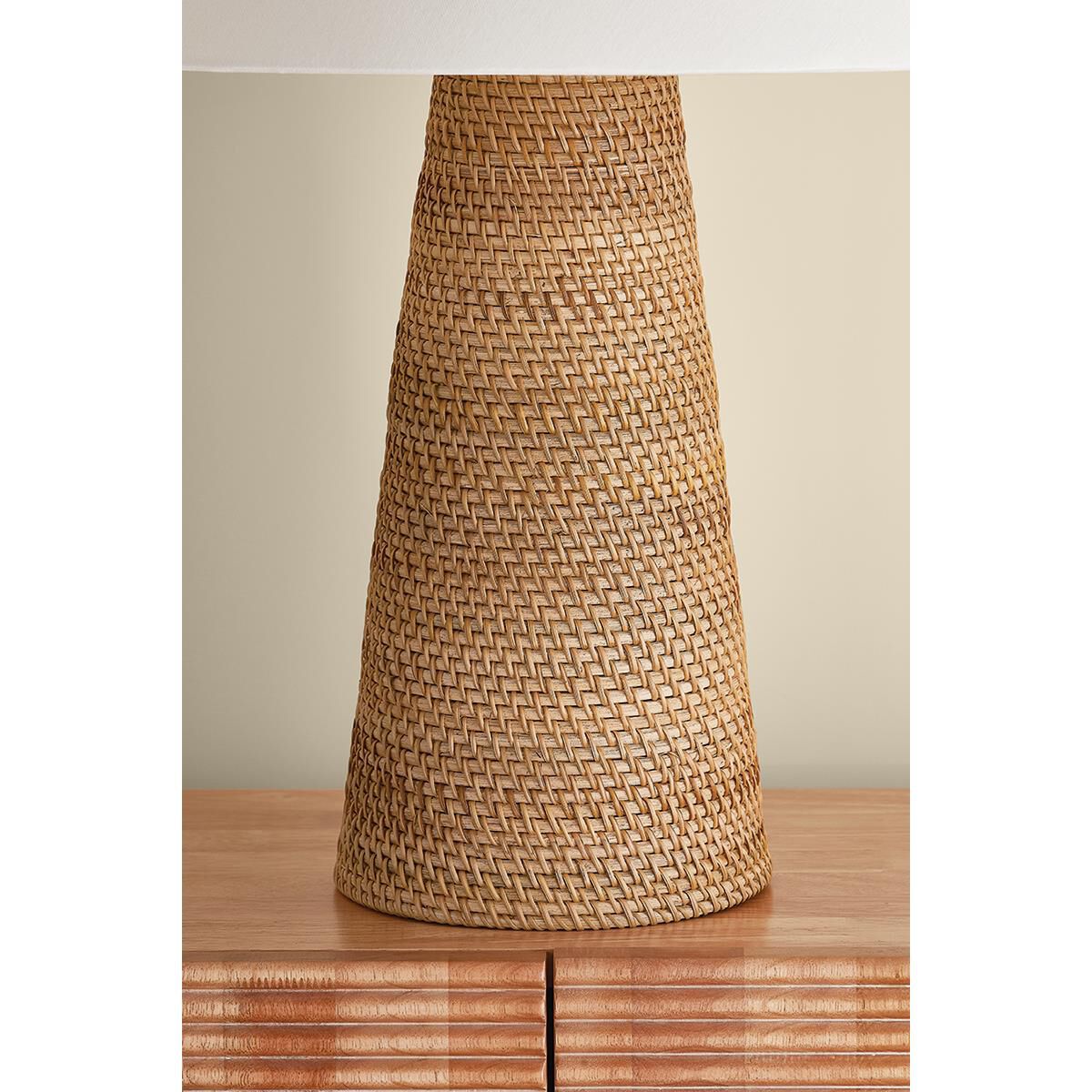 Shown in Aged Brass finish and Rattan Natural Woven shade