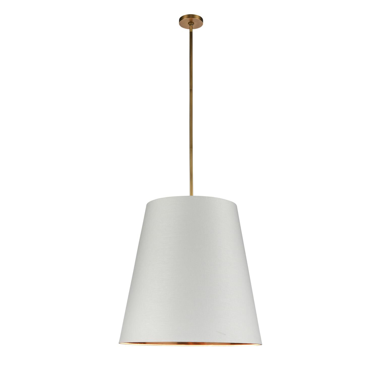 Shown in Brass, White and Gold finish and White Linen shade