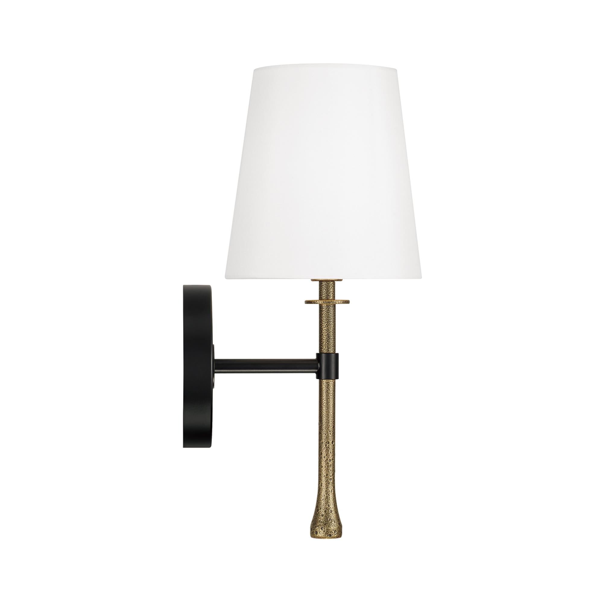 Shown in Matte Black With Hammered Gold finish and White Fabric Stay-Straight shade