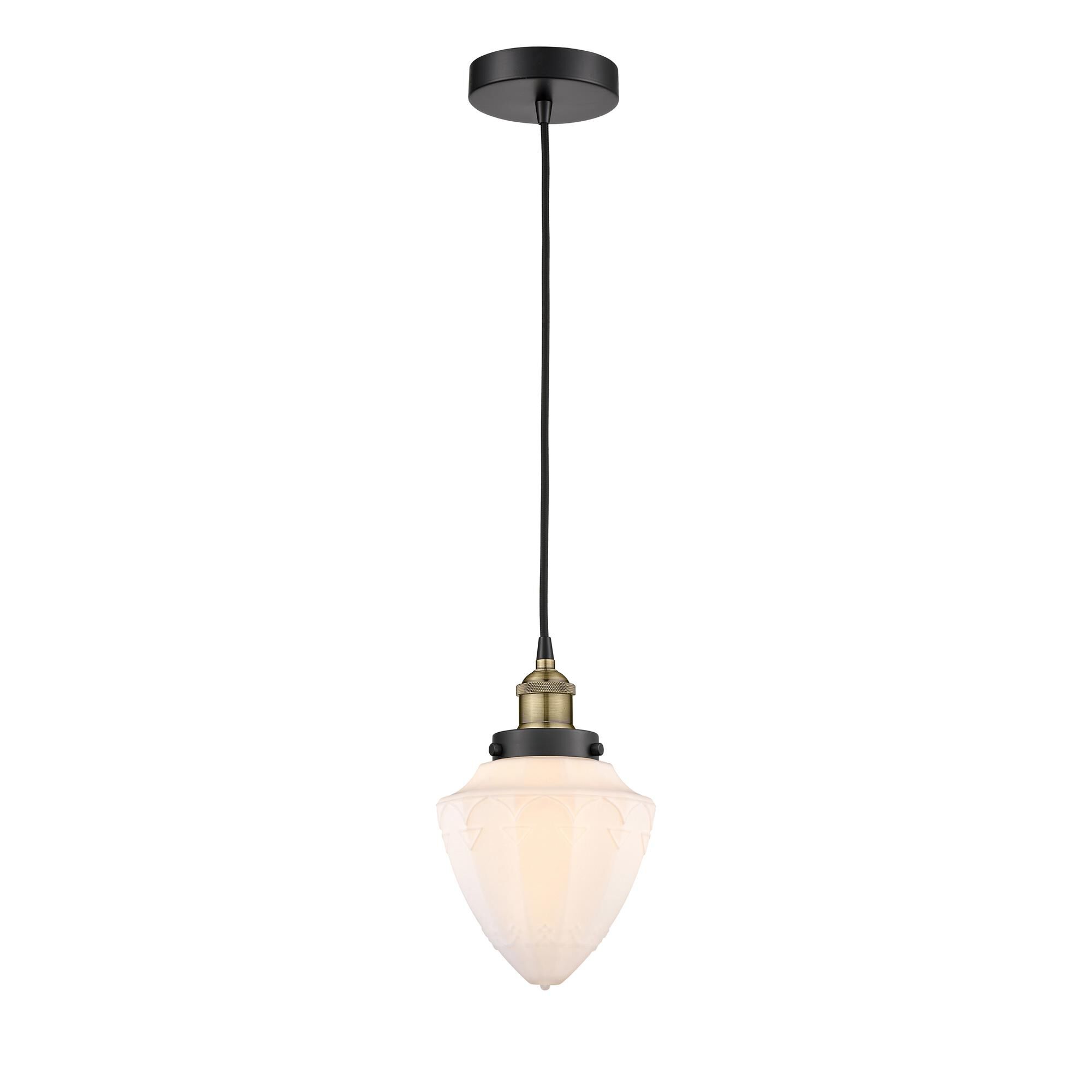 Shown in Black Antique Brass finish and Matte White glass