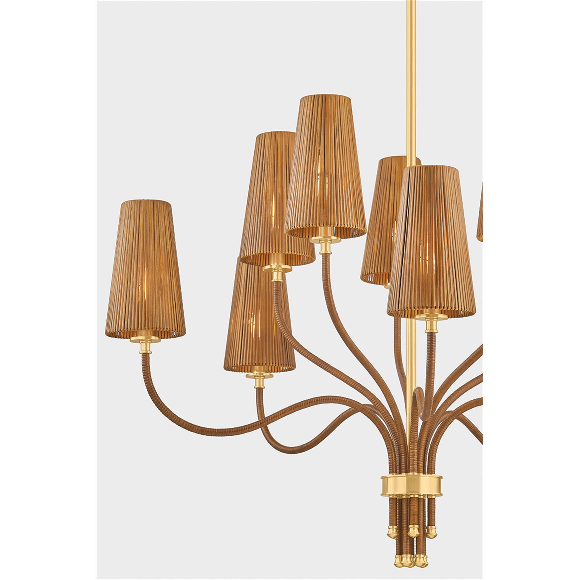 Shown in Aged Brass finish and Natural Woven Rattan shade