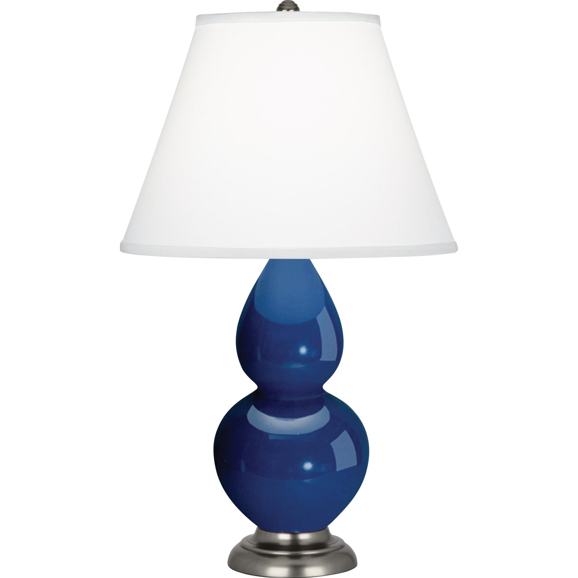 Shown in Marine Blue Glazed Ceramic finish and Pearl Dupioni Fabric shade