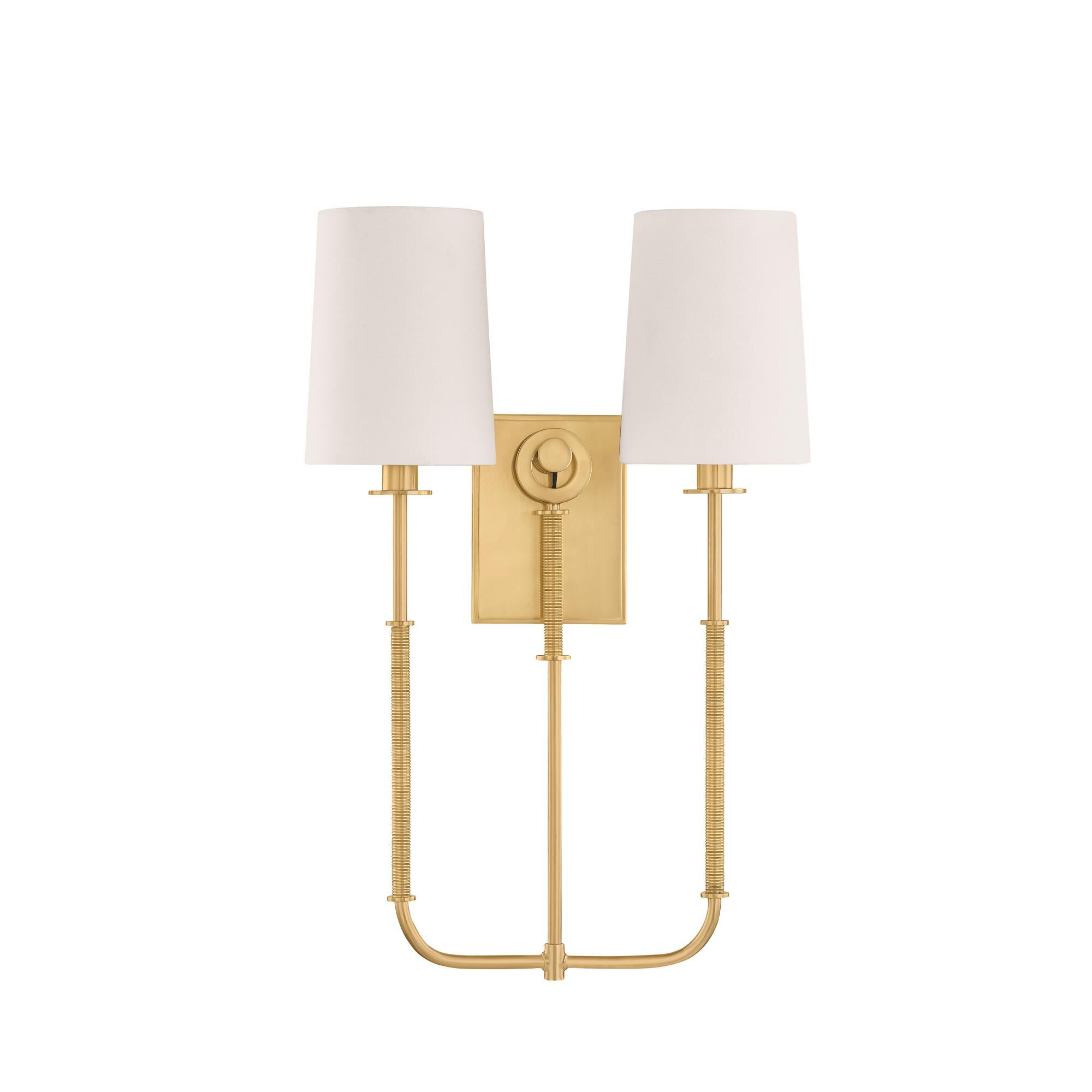 Shown in Aged Brass finish and White Linen shade